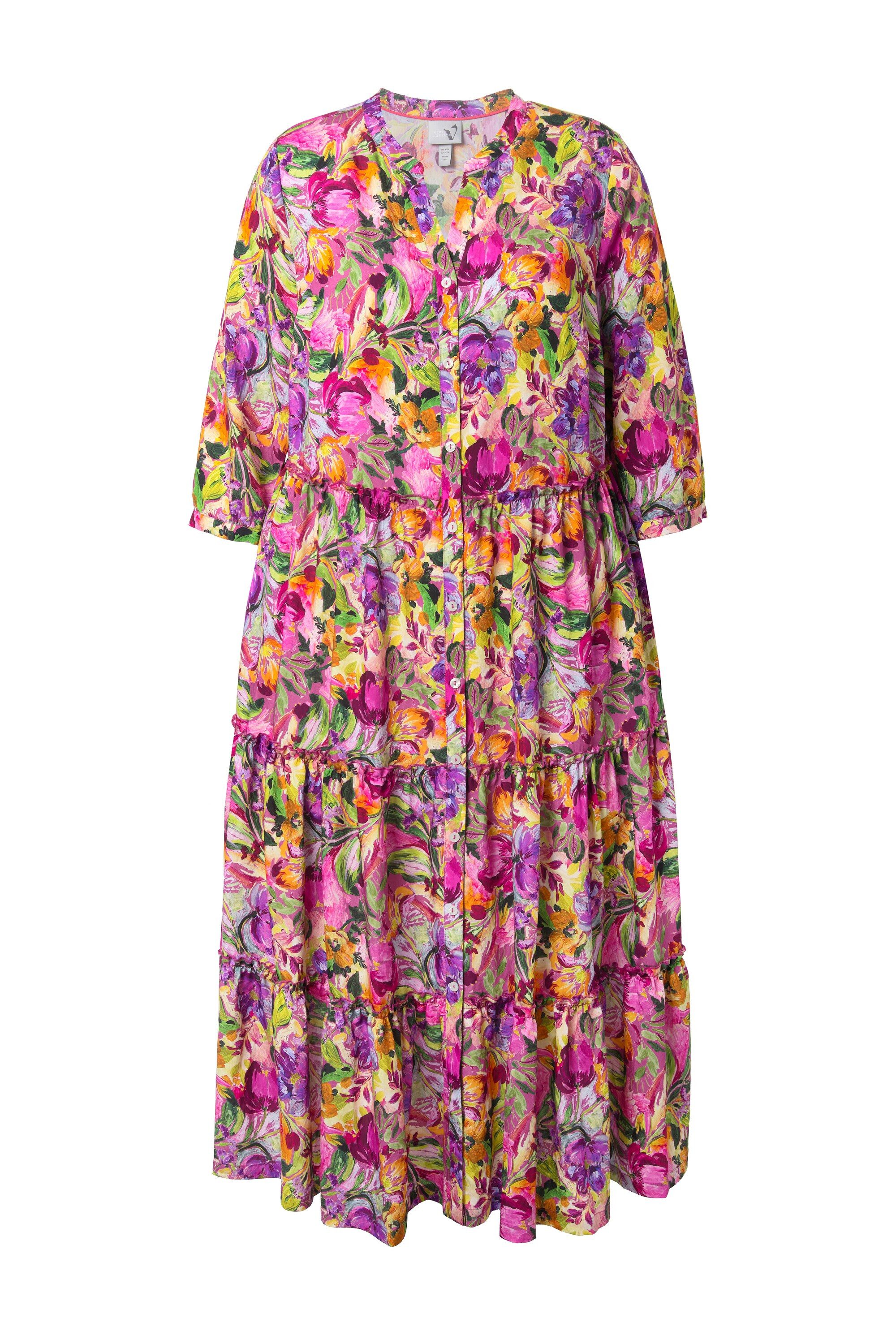 Ulla Popken Maxikleid Maxikleid Stehkragen V-Ausschnitt 3/4-Arm Knöpfe günstig online kaufen