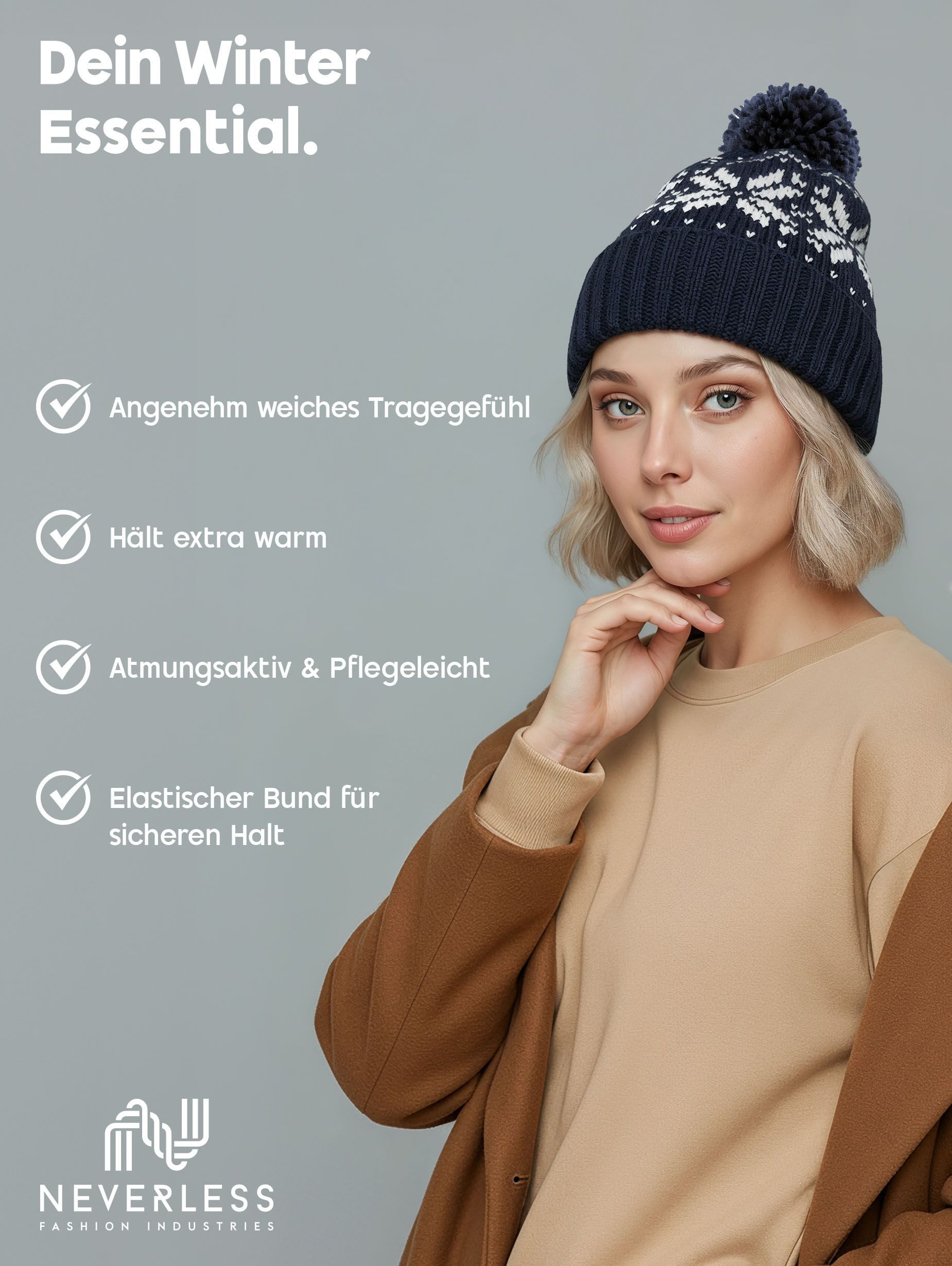 Neverless Strickmütze Damen Strickmütze Norweger Strickmuster Pudelmütze Wintermütze mit