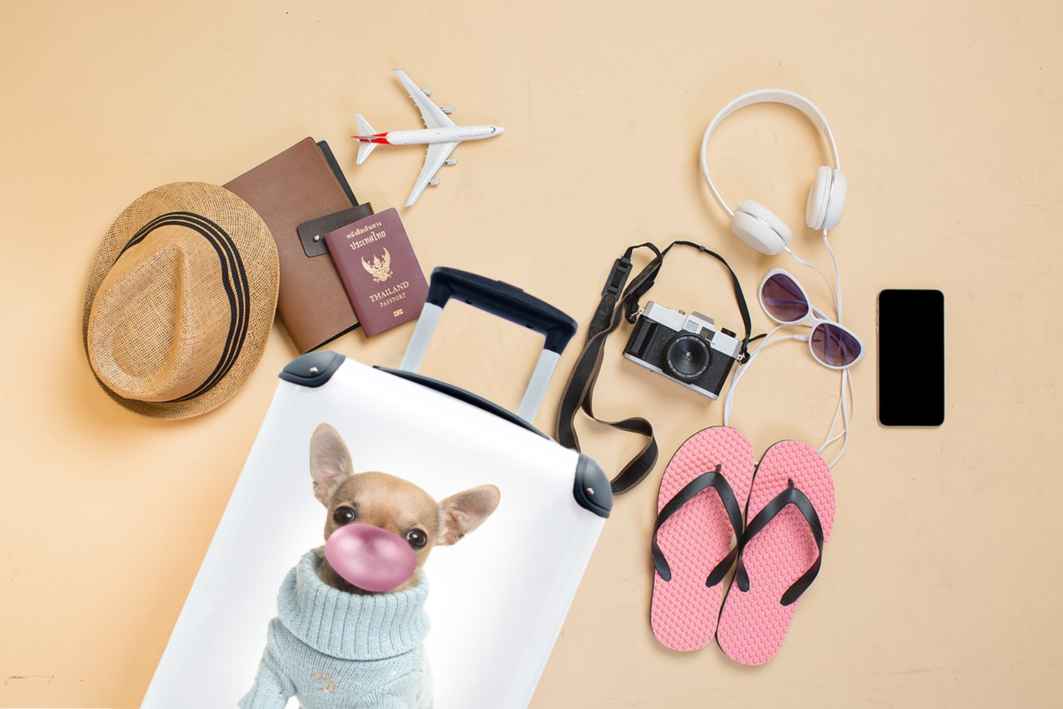 Chihuahua Handgepäckkoffer pusten MuchoWow für rollen, Trolley, Reisekoffer mit 4 Reisetasche Rollen, für - Kaugummi Ferien, Mädchen Handgepäck - Hund -, - Spaß Kinder -