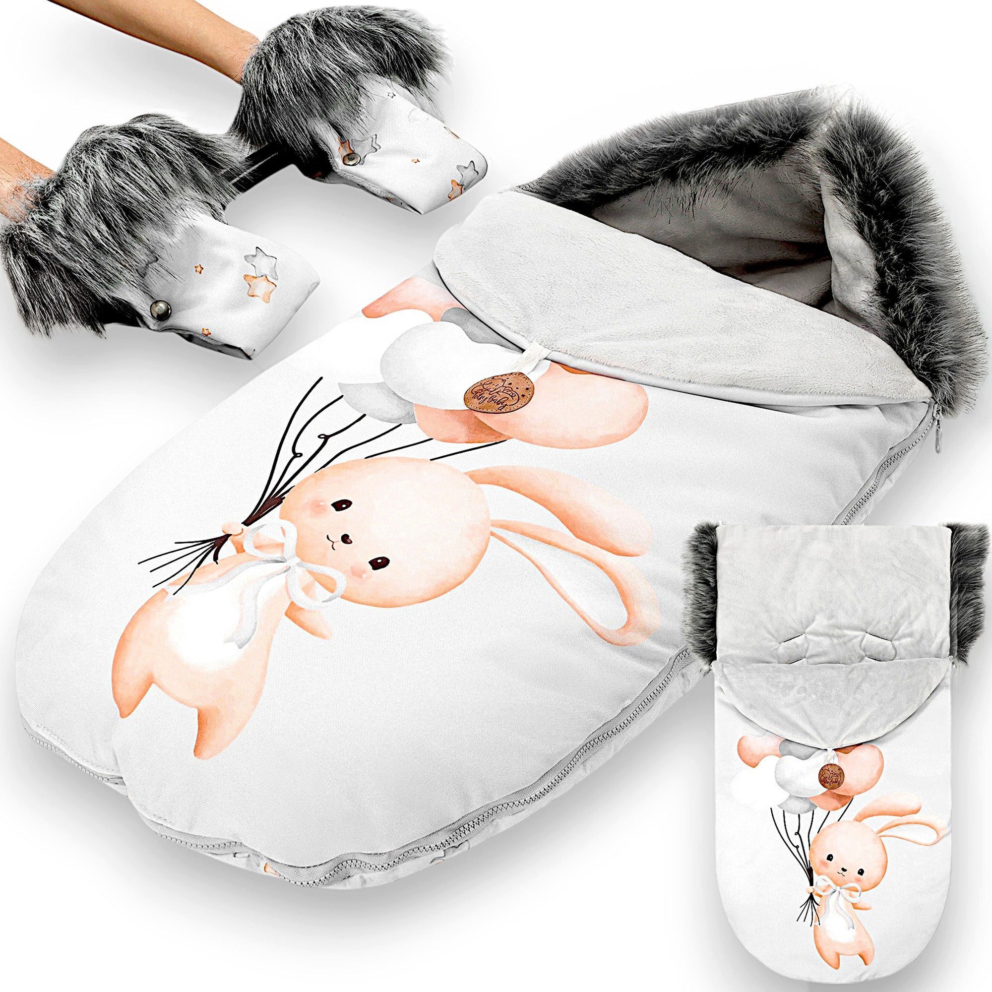 Babyschlafsack Fußsack Kinderwagen Winter 90x45 cm mit Handschuhen Kaninchen