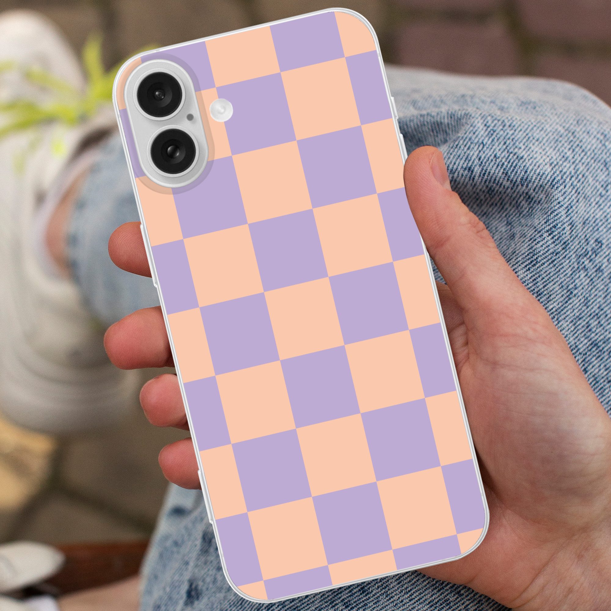 MuchoWow Handyhülle für Apple iPhone 16 Plus Schachbrettmuster - Lila - Rosa - Würfel, Smartphone-Bumper, Print, Handy Schutzhülle Dünn