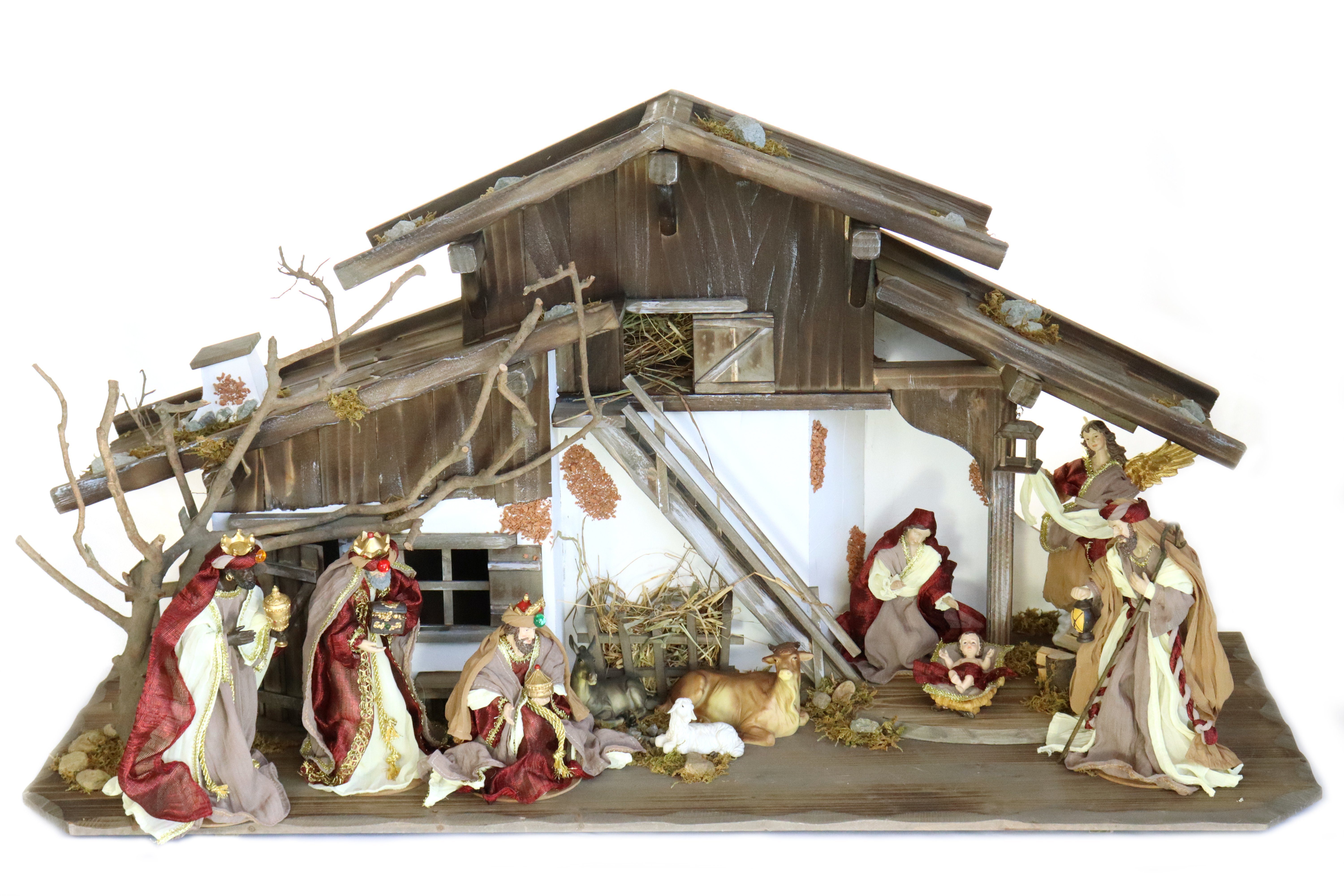 ELLUG Krippe großer Krippenstall, Weihnachtskrippe aus Holz 115*44*58cm (MIT Krippenfiguren) (11-tlg), Krippenstall aus Holz, Figuren mit Kleidern