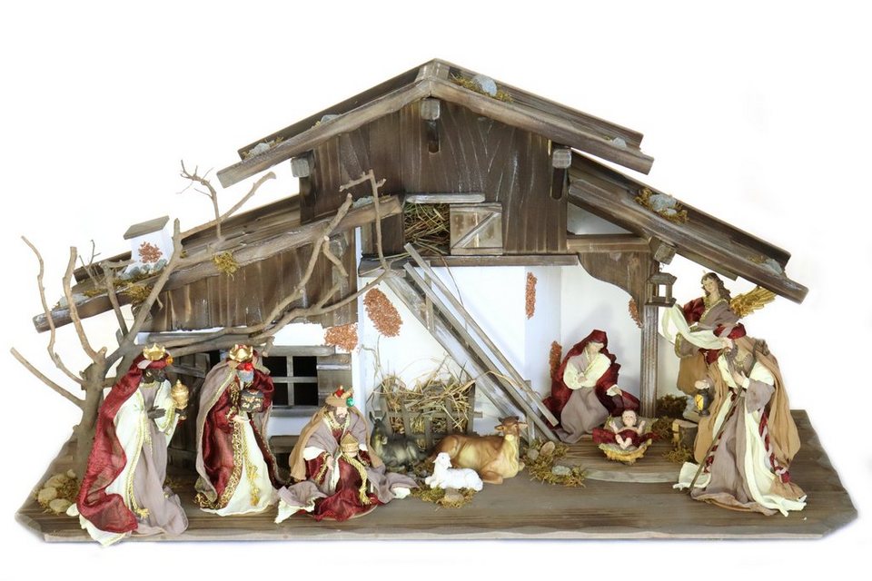 ELLUG Krippe großer Krippenstall, Weihnachtskrippe aus Holz 115*44*58cm  (MIT Krippenfiguren) (11-tlg), Krippenstall aus Holz, Figuren mit Kleidern