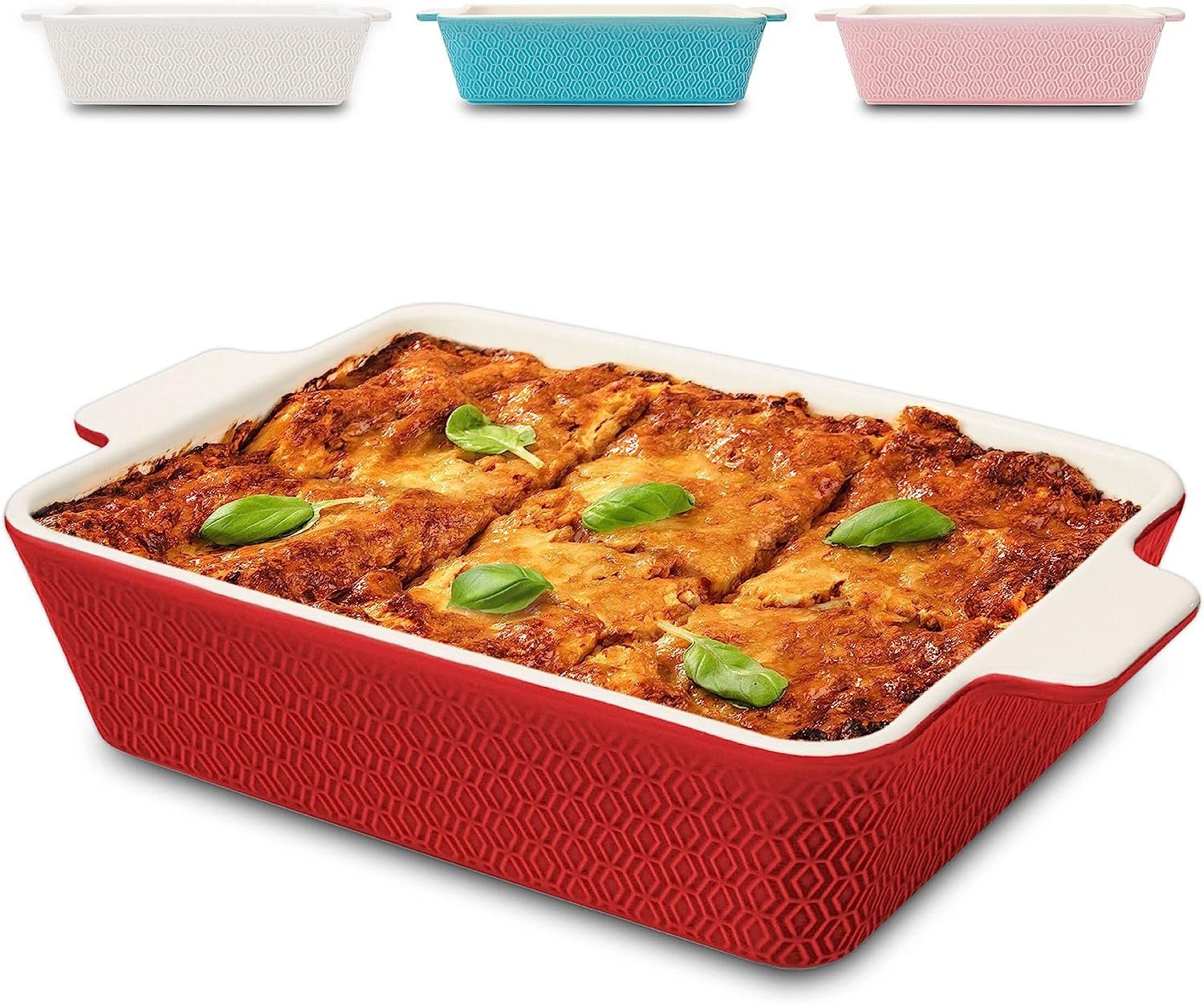 Praknu Auflaufform Auflaufform Groß Rot Keramik – Lasagneform 28x22 cm, 8 cm hoher Rand, Keramik, (1-St), Für Lasagne, Tiramisu & Aufläufe – Hitzebeständig – Große Kapazität