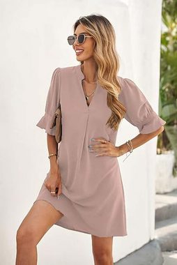 FIDDY Blusenkleid Frauen V-Ausschnitt Halbarm Hemdkleid Elegant Sommer Casual Einfarbig