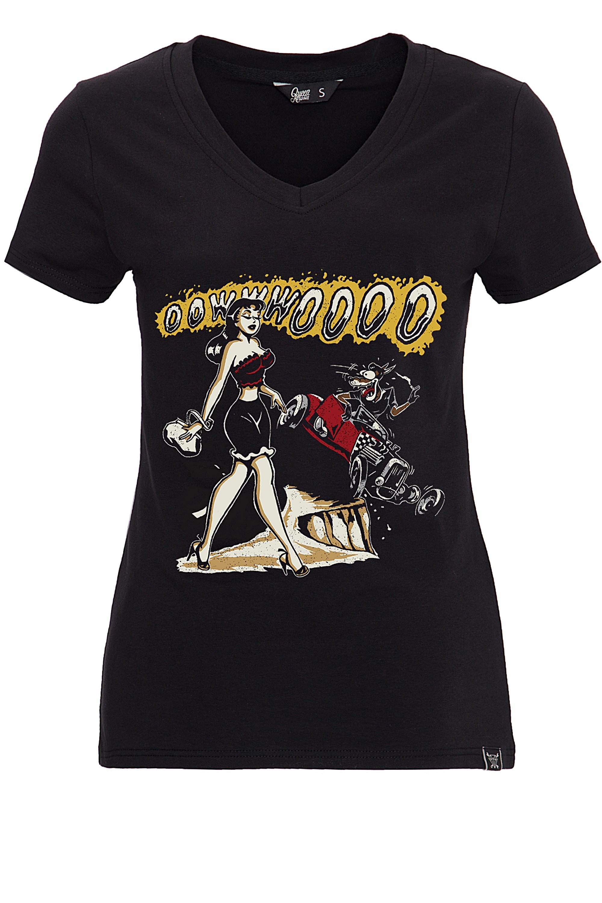 T-Shirt Oowwwoooo schwarz V-Ausschnitt Frontprint und QueenKerosin mit