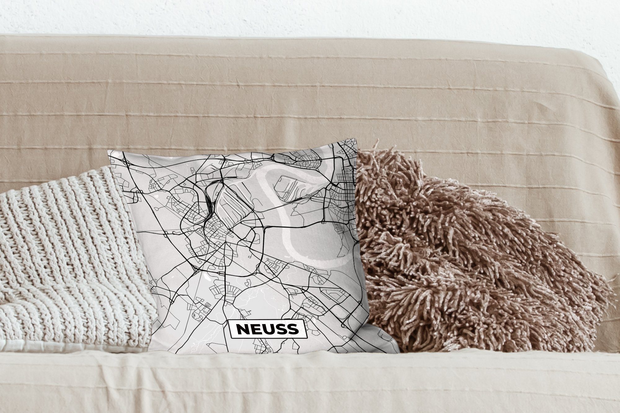 Deutschland Deko, Wohzimmer, - Karte, Zierkissen mit - für - - Dekokissen Neuss Schlafzimmer, Stadtplan Füllung MuchoWow Sofakissen Karte