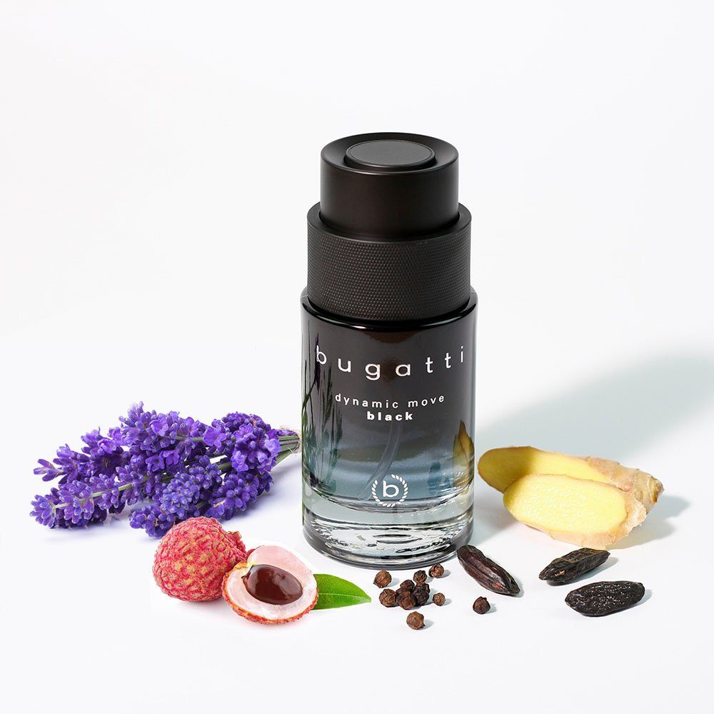 bugatti Eau de Toilette Dynamic Move Black EdT 100ml, Orientalischer Herrenduft mit Feigenblätter, Ingwer und Kaschmirholz.