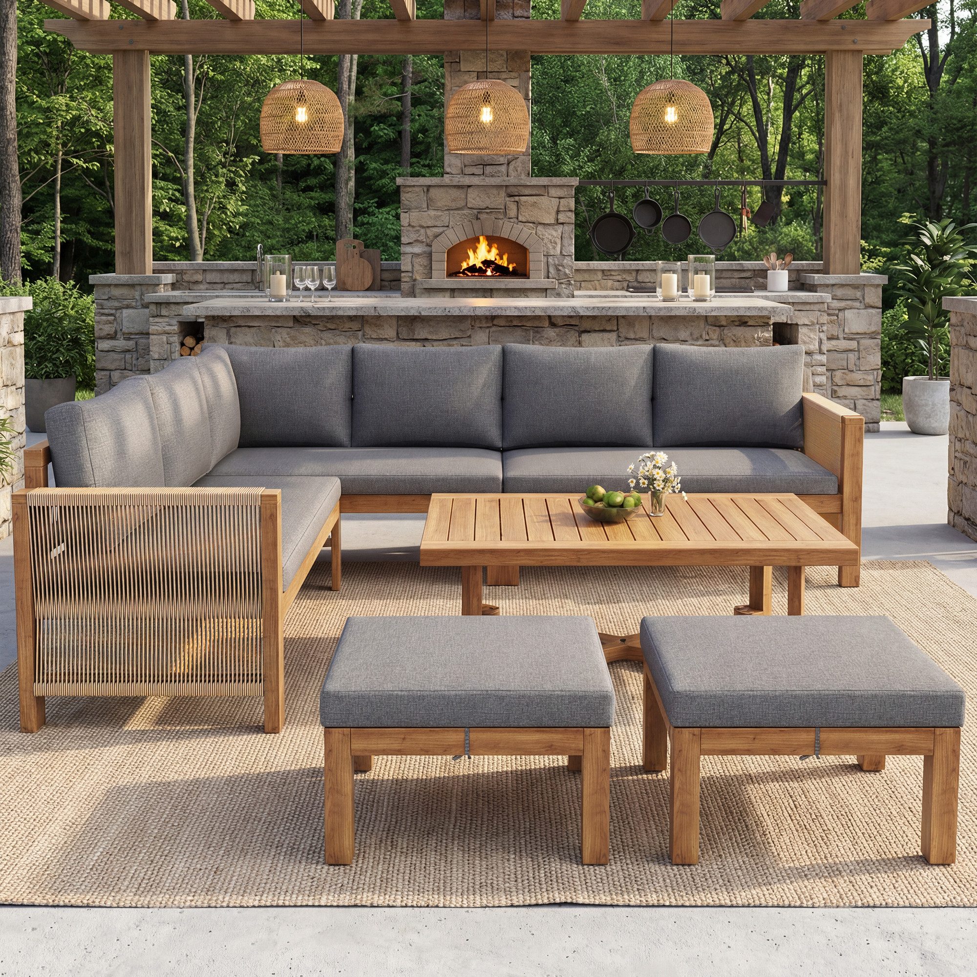i@home Gartenlounge-Set Modulares Gartenmöbel-Set, aus Akazienholz, 6-Sitzer Ecksofa, 2 Hockern & Akazienholztisch