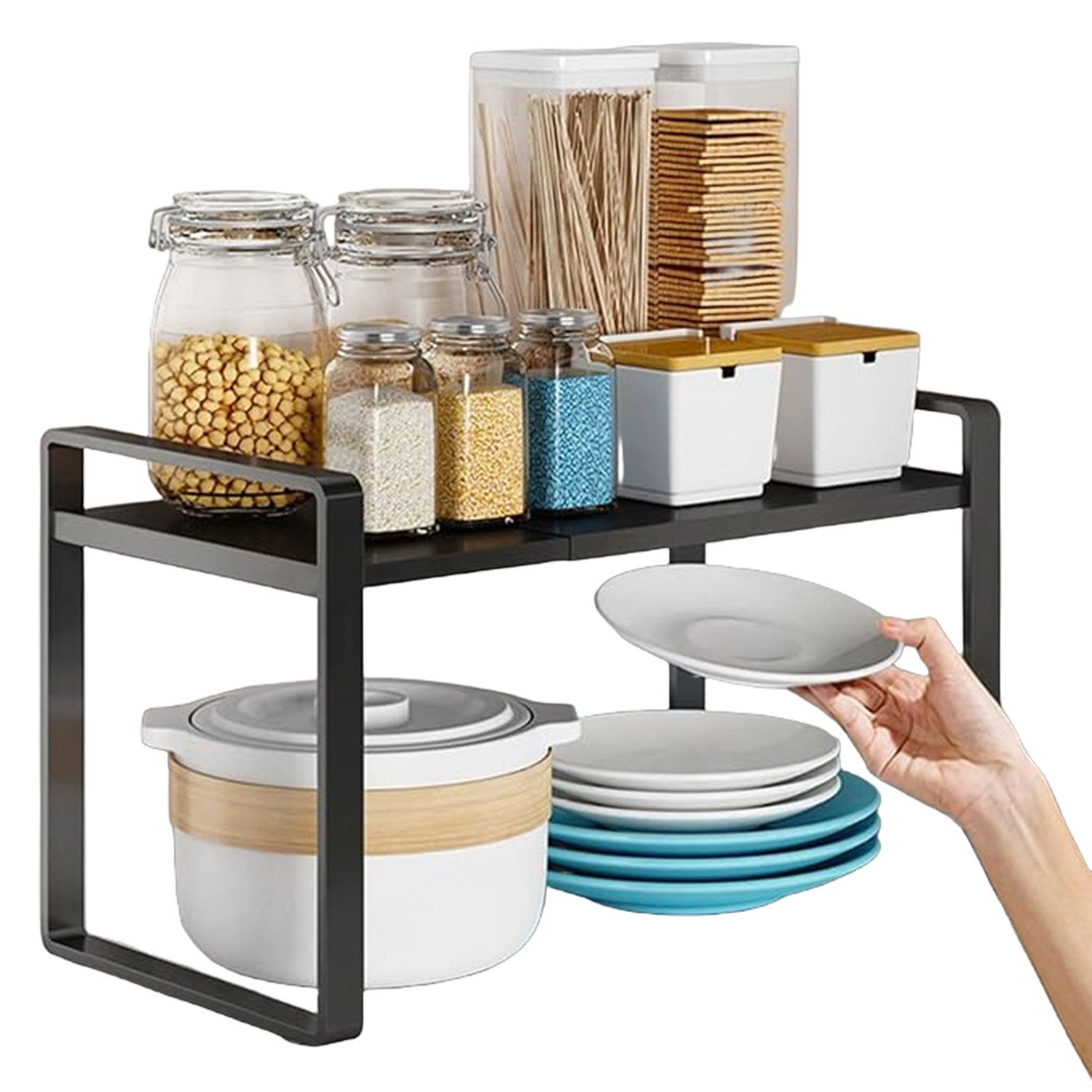 HEYHIPPO Regaleinsatz Edelstahl küche regal gewürz flasche rack schrank geschichteten rack (Ausziehbares Edelstahl-Schrankregal, Erweiterungsfläche 38-60×28×25cm, Ein Stück), Küchenorganizer, Gewürzregal, Länge verstellbar, doppellagig, Schwarz