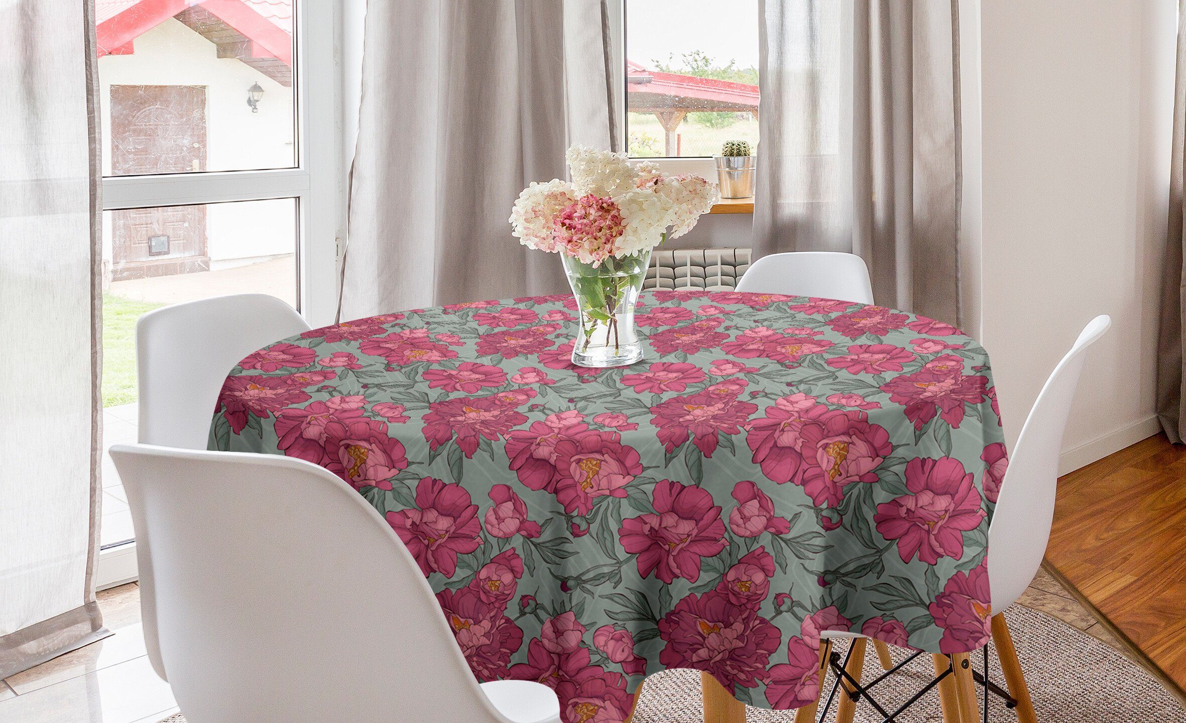 Abakuhaus Tischdecke Kreis Tischdecke Abdeckung für Esszimmer Küche Dekoration, Blumen Budding Peony Blumen Blätter