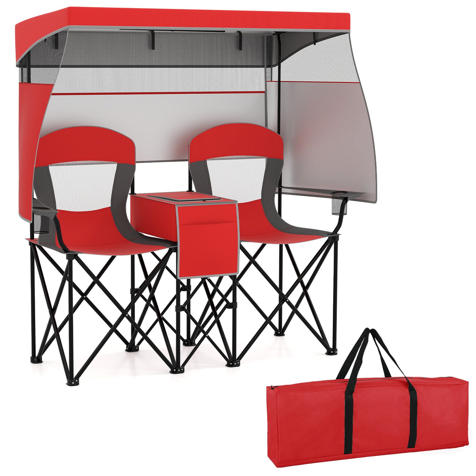 COSTWAY Campingstuhl, 2er Klappstuhl bis 150kg Angelstuhl mit Sonnenschutz