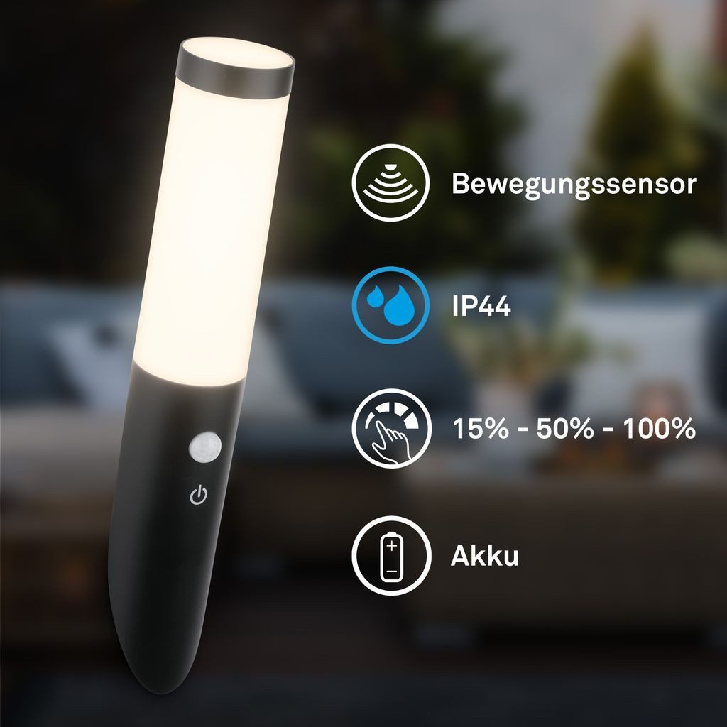 Briloner Leuchten Wandleuchte LED Wandlampe kabellos Akku USB-C Bewegungsmelder, LED wechselbar, 3000K - Warmweiß, 6x6,5x35 cm, Akku tauschbar, Indoor/Outdoor, Balkon, Hauswand