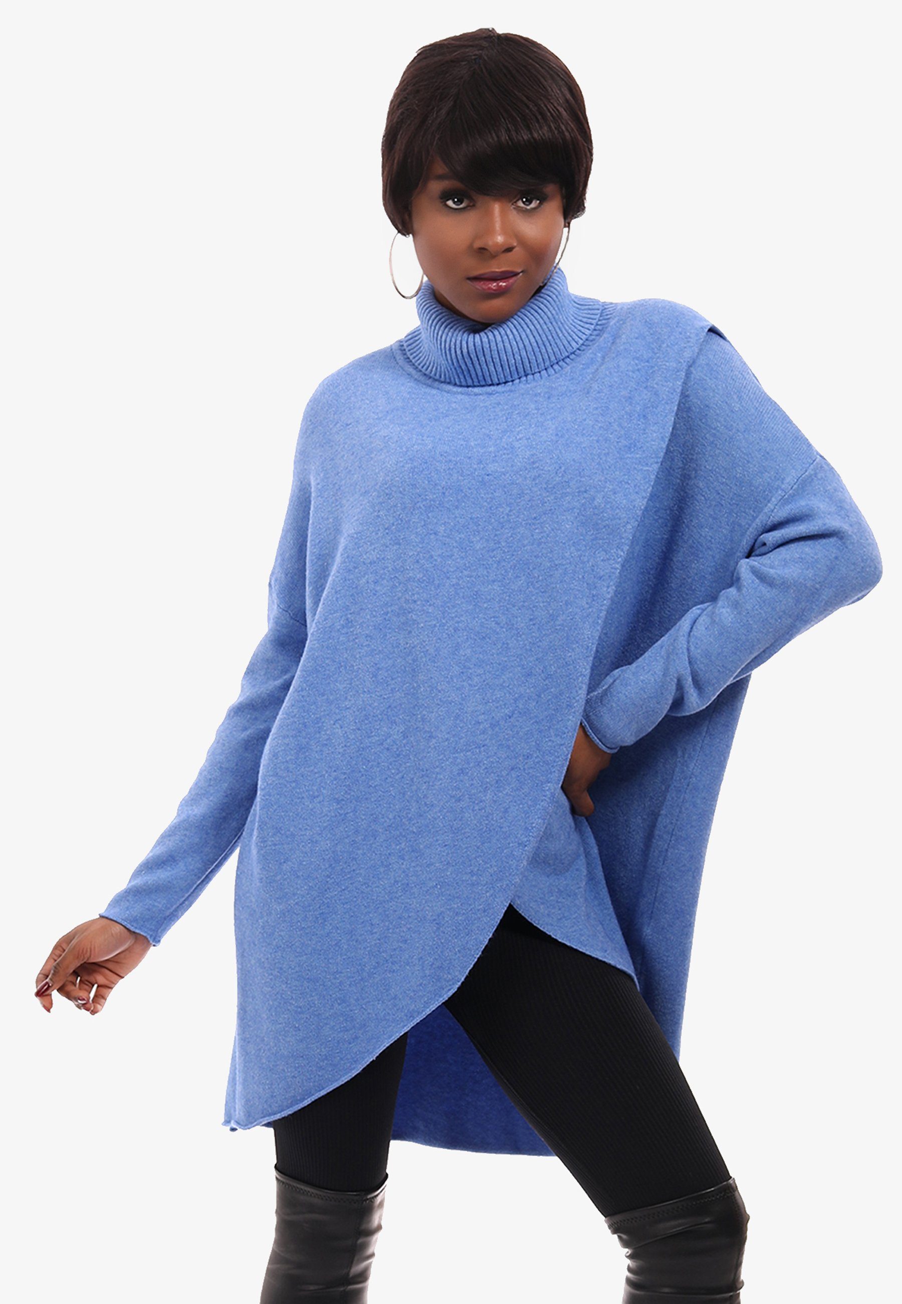 Wickeloptik Fashion Strickpullover Rollkragen Unifarbe YC in in & blau Longpullover Style mit