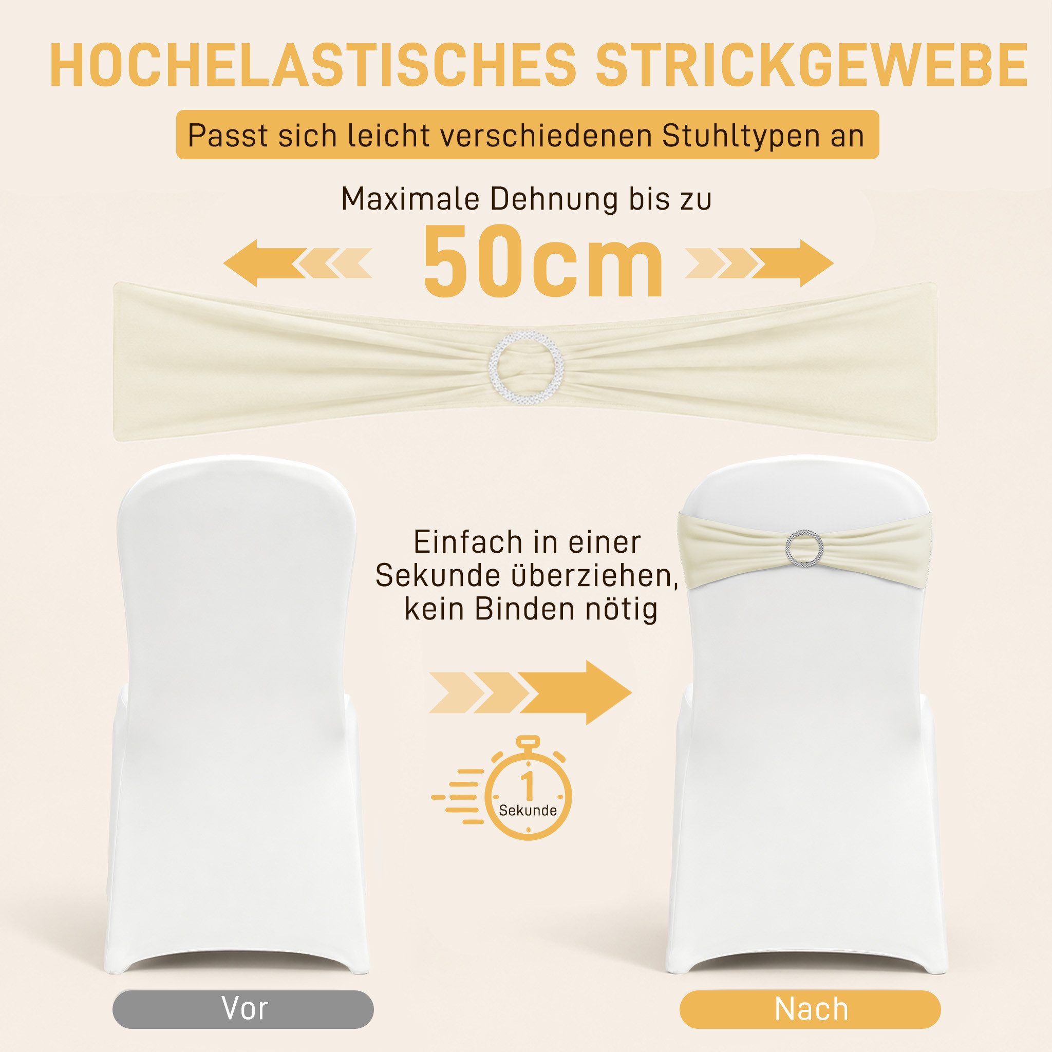 FIVMEN Hussen-Set Stuhlschleifen Elastische Stuhlbänder Schleife & Schiebeschnalle, bis max.50cm Dehnlänge für Feier Hotel Party Dekoration 10er/30er