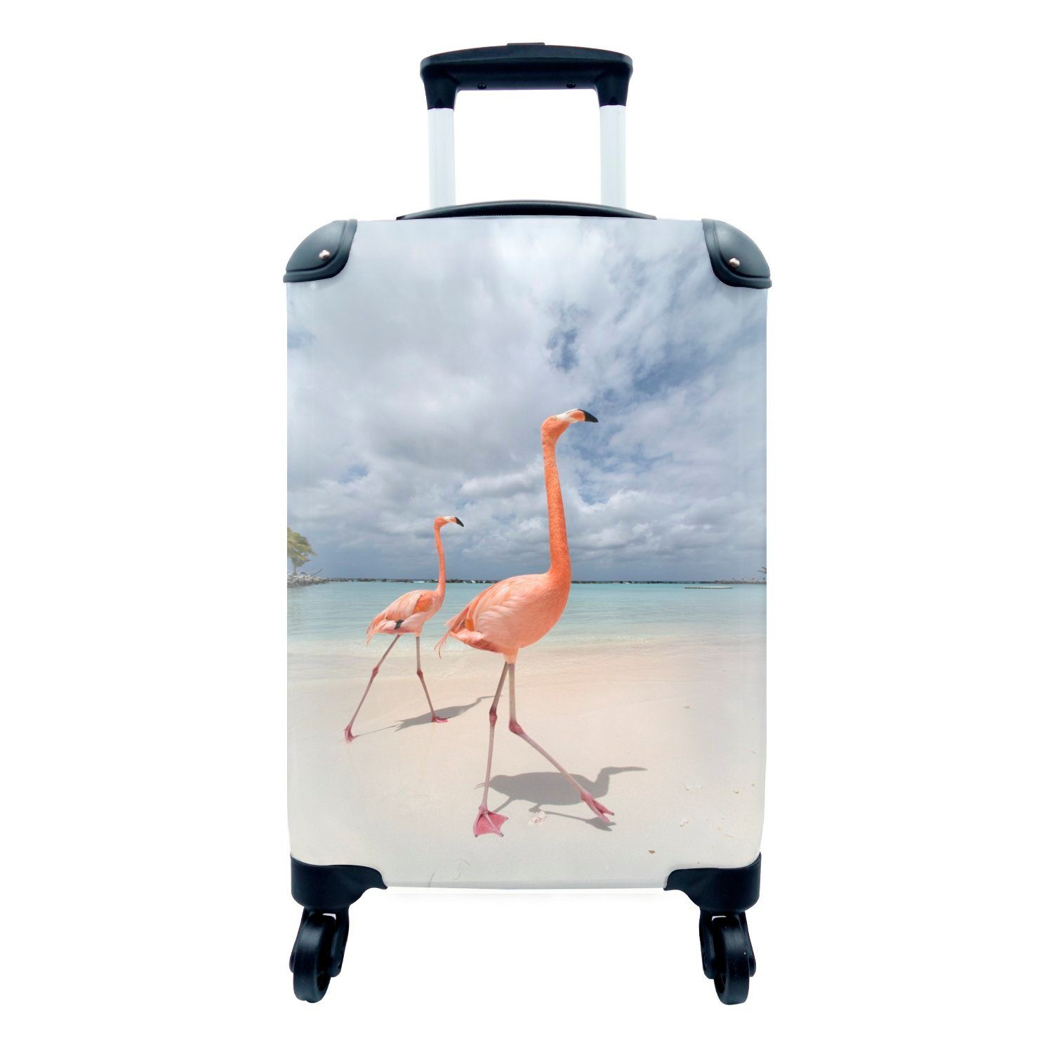 MuchoWow Handgepäckkoffer Zwei Flamingos auf einer Insel in Aruba, 4 Rollen, Reisetasche mit rollen, Handgepäck für Ferien, Trolley, Reisekoffer