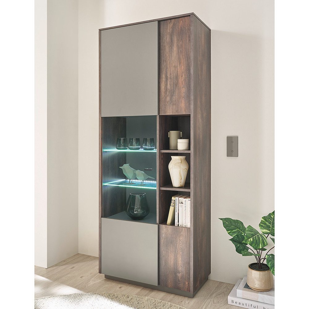 Lomadox Vitrine LAFAYETE-61 in Eiche mit anthrazit, inkl. Beleuchtung