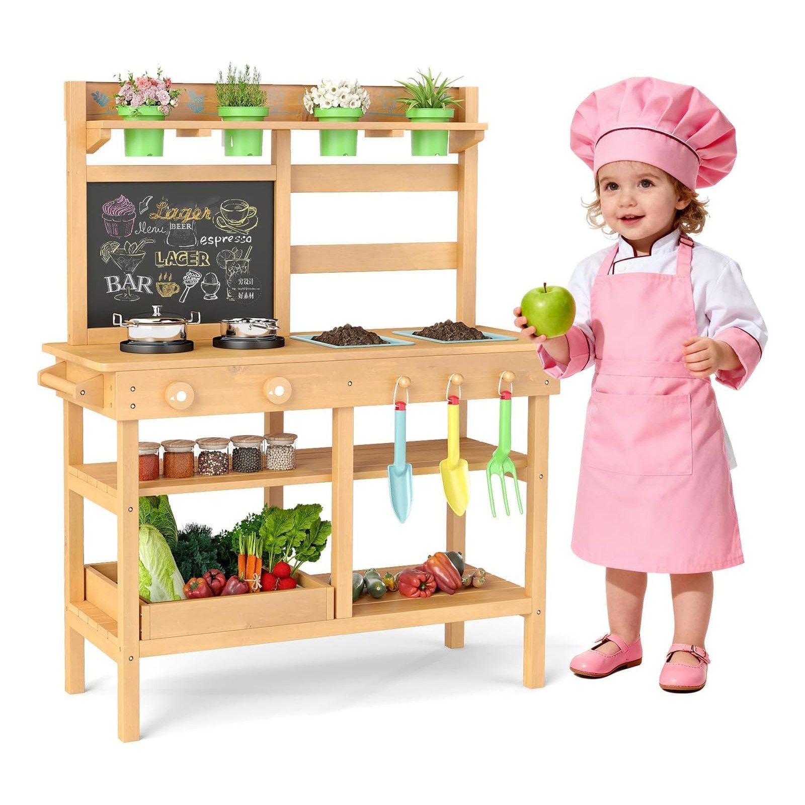 KOMFOTTEU Outdoor-Spielküche, mit abnehmbaren Spülen, Tafel, Herd, Blumentöpfen & Gartenwerkzeugen