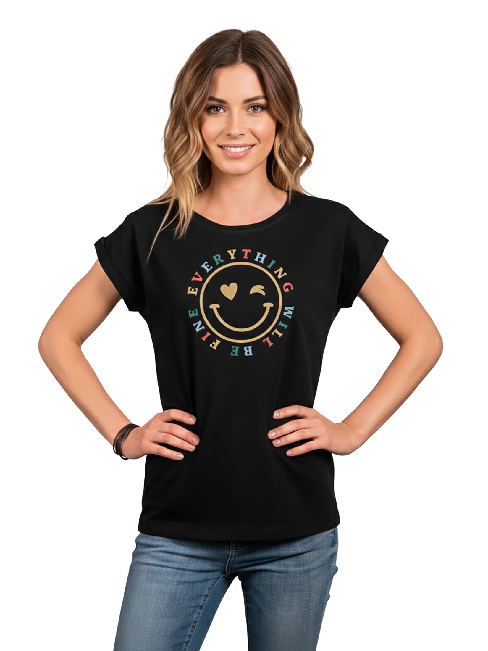 MAKAYA Print-Shirt Damen Kurzam Herz Spruch Sprüche Hippie Style Outfit 60er 70er Jahre Top