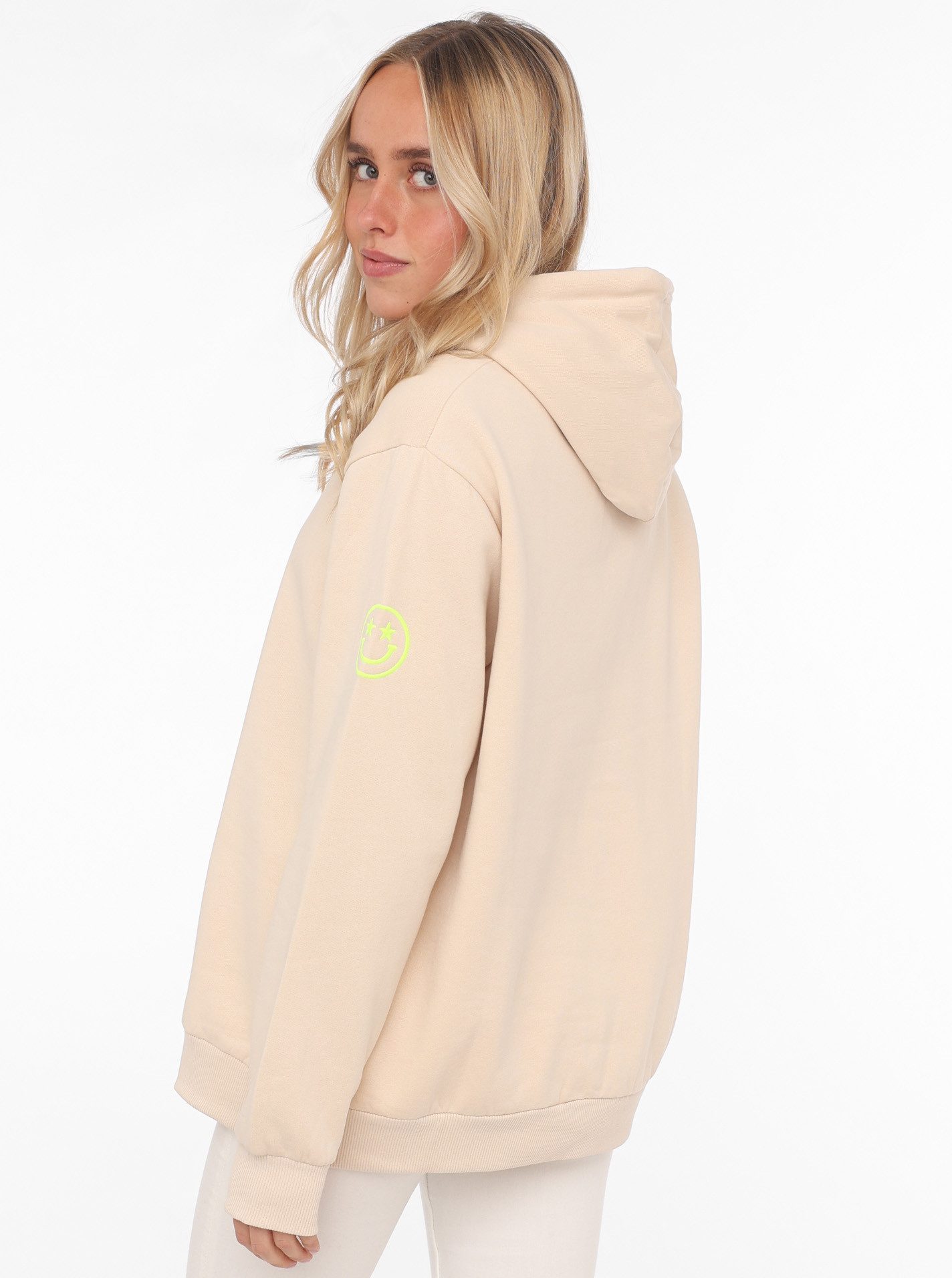 Zwillingsherz Sweatshirt gestickter Schriftzug, Kapuze, Langarm, Kängurutasche, Neon-Details – Bild 3 von 5