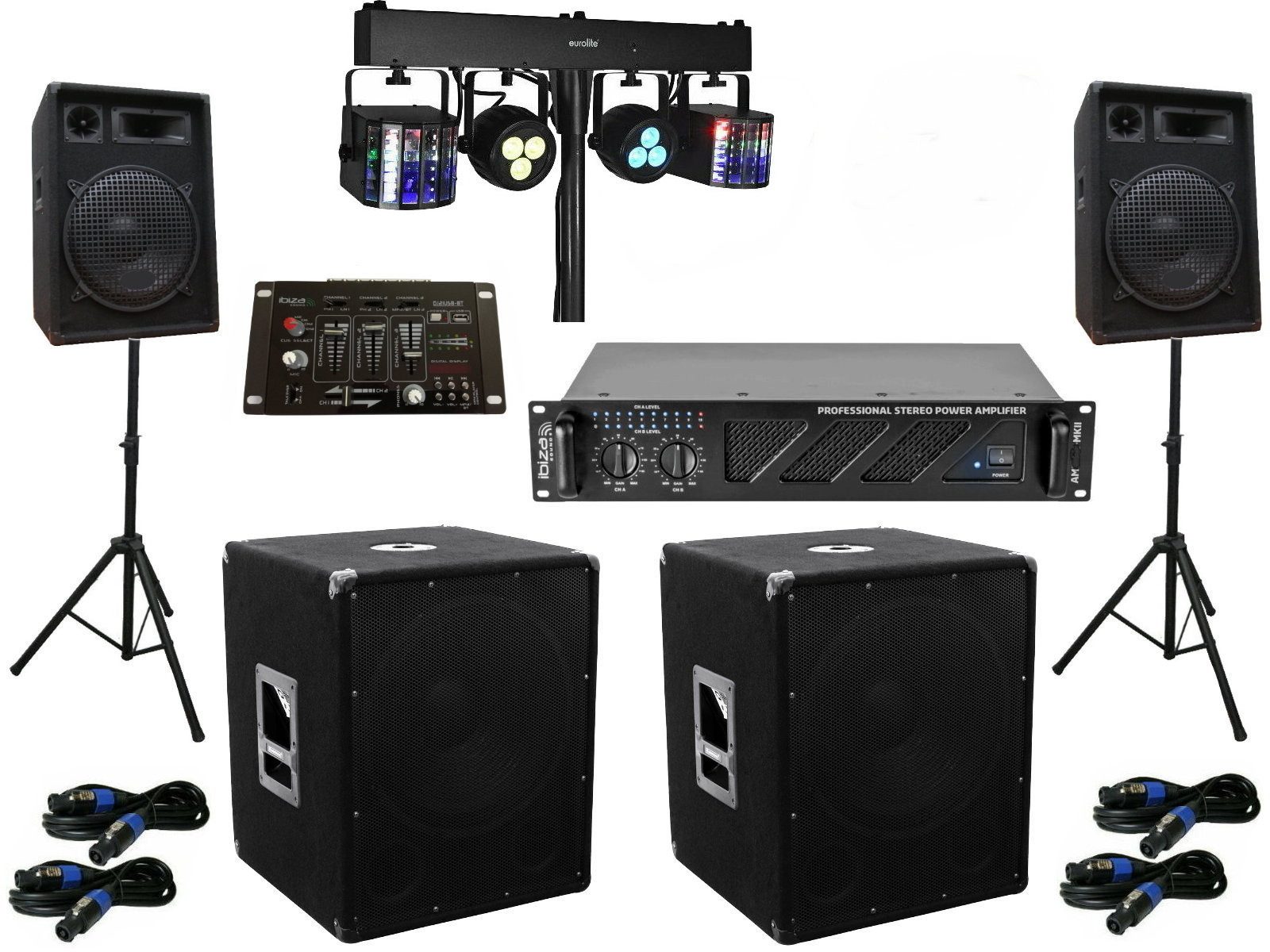 DSX PA Party DJ Колонки Сабуферы Verstärker BT Mixer Lichtset Stativ Party-Lautsprecher (74940 W)