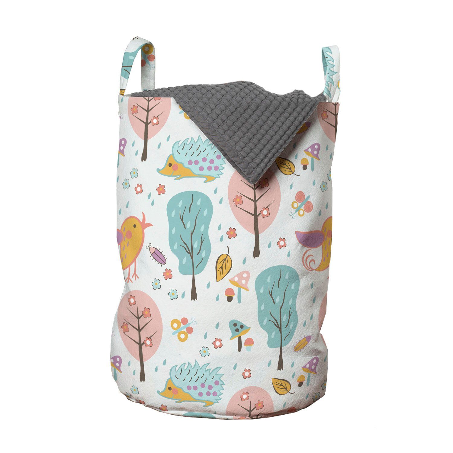 Abakuhaus Wäschesäckchen Wäschekorb mit Griffen Kordelzugverschluss für Waschsalons, Kindergarten Hedgehogs Vögel und Bäume | Wäschesäcke