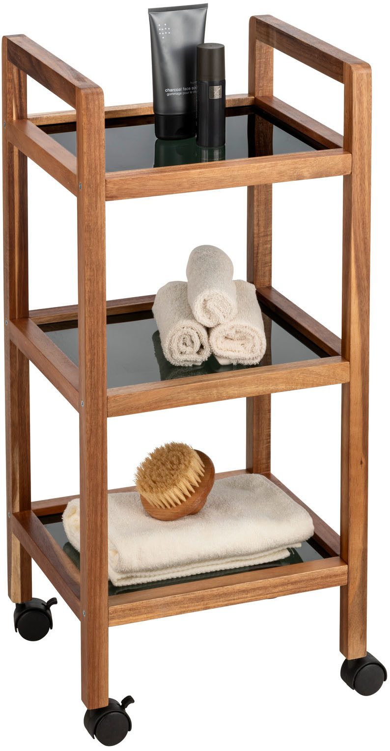 WENKO Regal Fondi, Rollwagen für Haushalt und Badezimmer, Akazienholz mit Glasböden