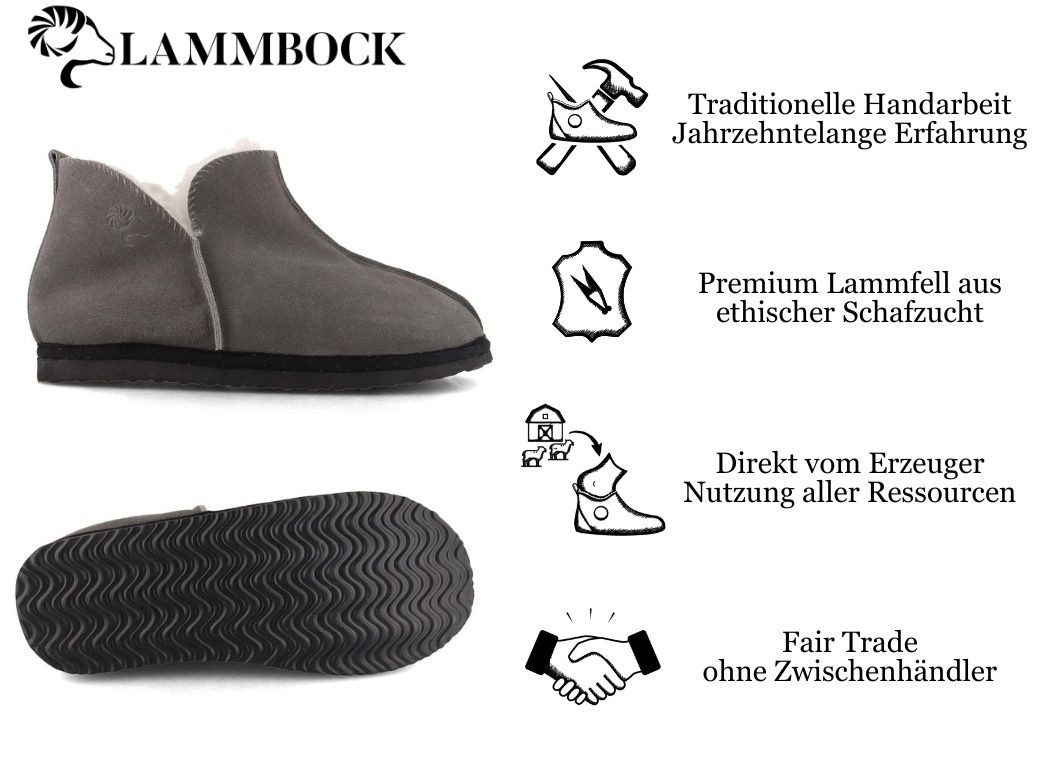 LAMMBOCK Shearlock Lammfell Hausschuhe für Damen Herren, grau Hausschuh Winterhausschuhe aus Lammfell, temperaturregulierend