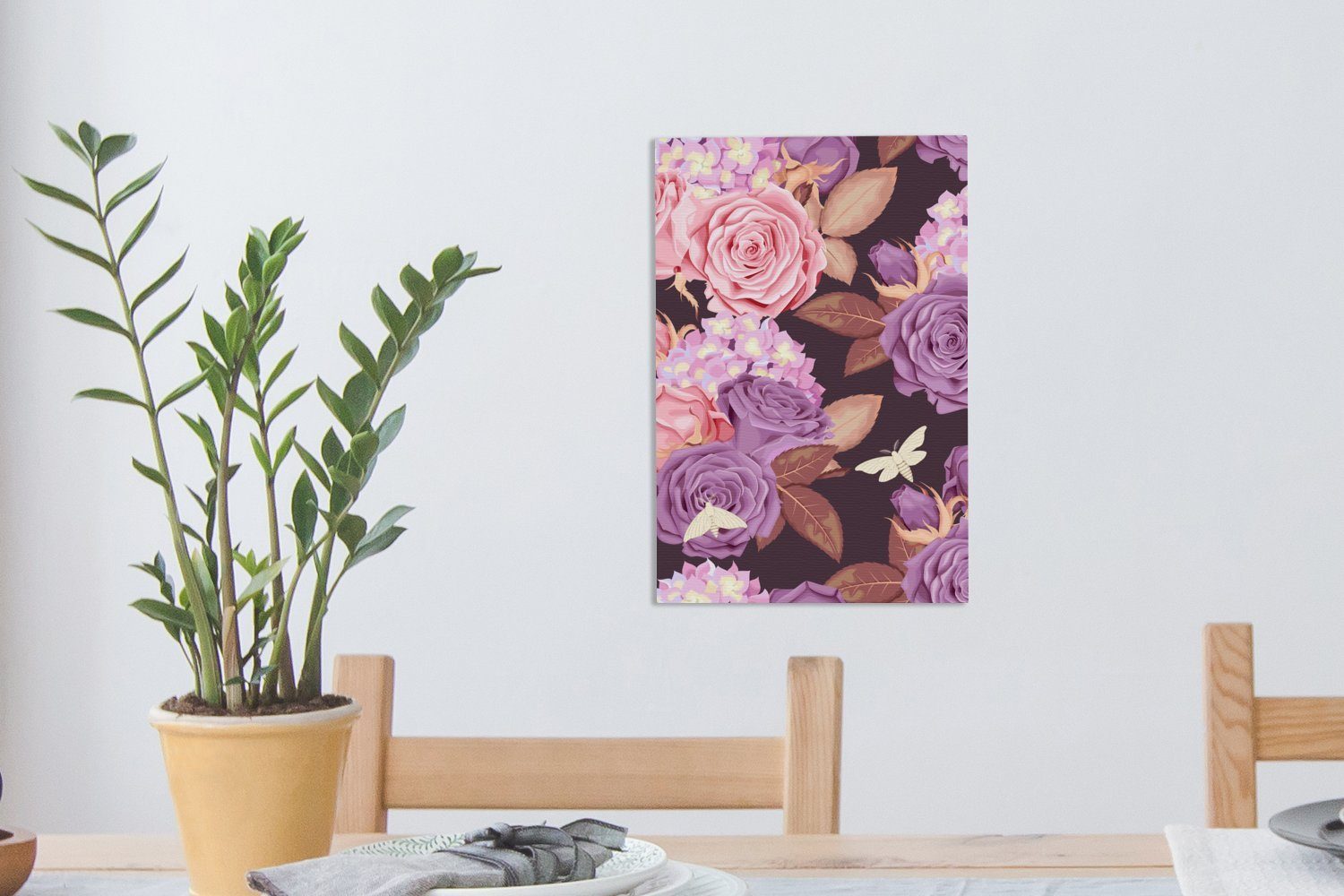 Leinwandbild - cm OneMillionCanvasses® Zackenaufhänger, St), Blumen Schmetterlinge, fertig Gemälde, (1 bespannt Leinwandbild Lila - - Rosa inkl. 20x30