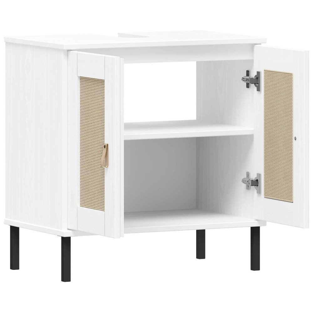 Lomadox Waschbeckenschrank WATFORD-69 in Kiefer massiv weiß, mit Rattaneinsatz, 60 cm breit, Boho Chic