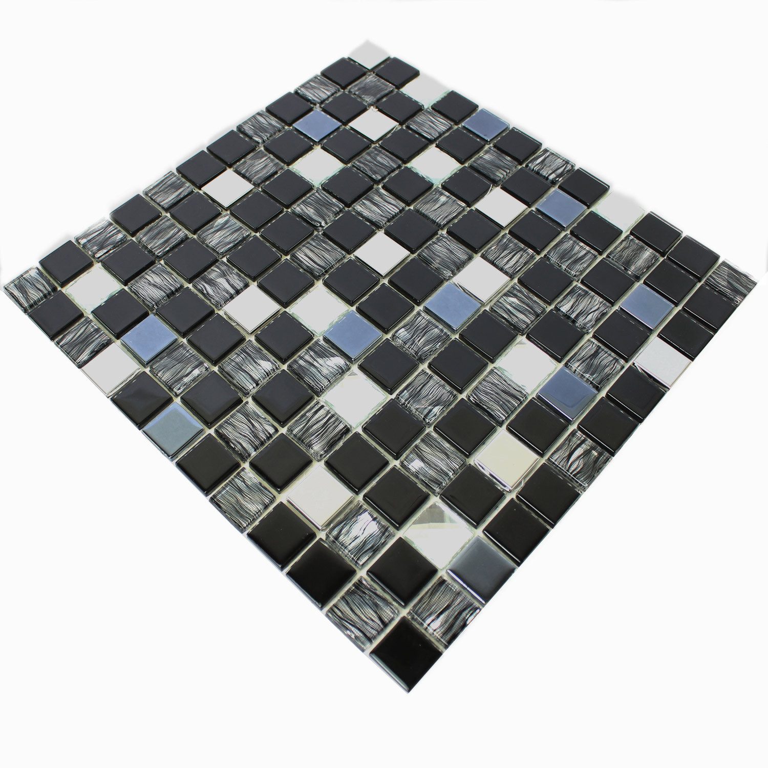 Mosafil Mosaikfliesen Glas Edelstahl Mosaikfliesen Amasya Selbstklebend, Glas-Metall-Edelstahl 30.000x30.000, schwarz-grau-silber
