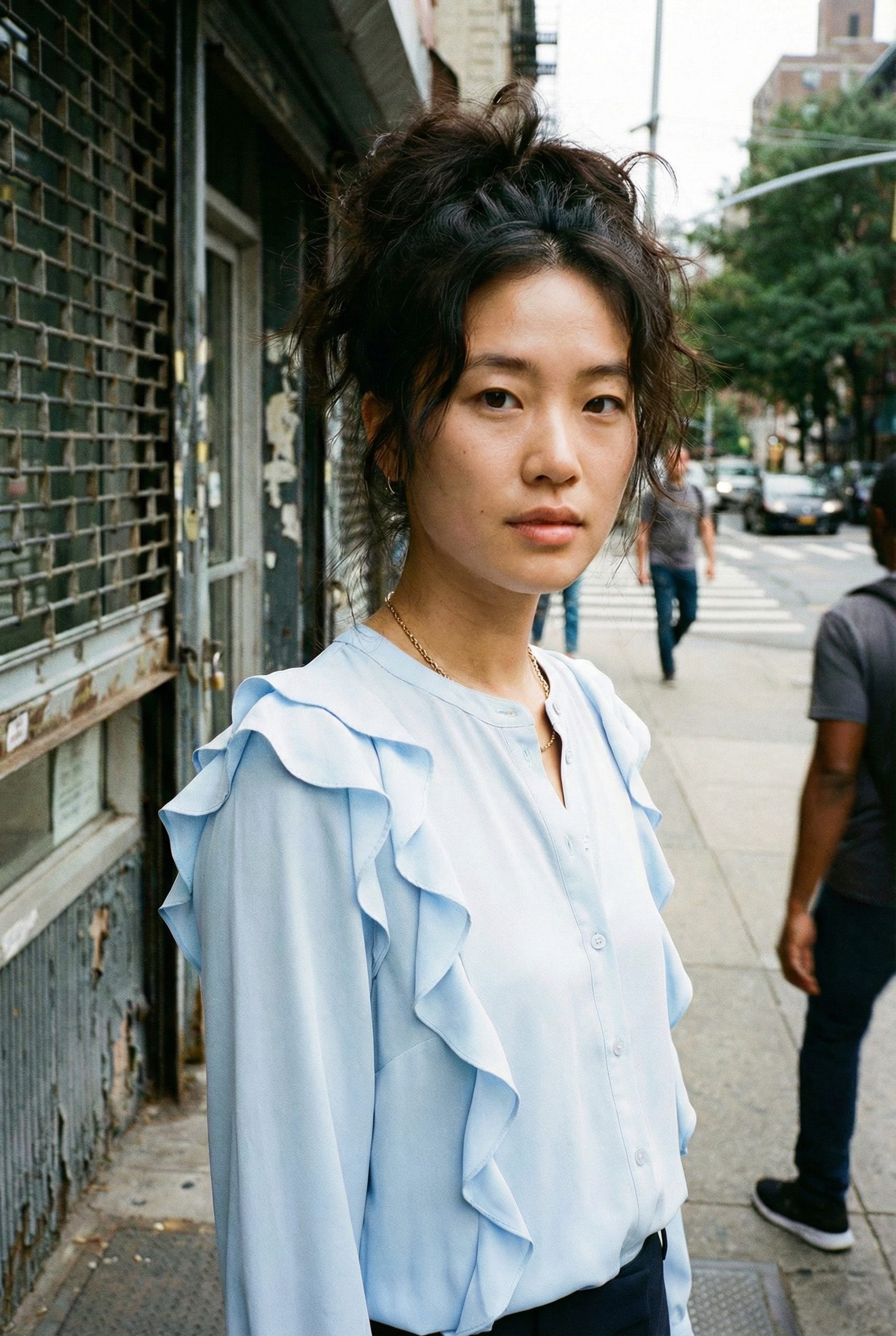 NADINE H Blusenshirt Nadine H Seidenbluse mit Rüschen & Kellerfalte - SKY