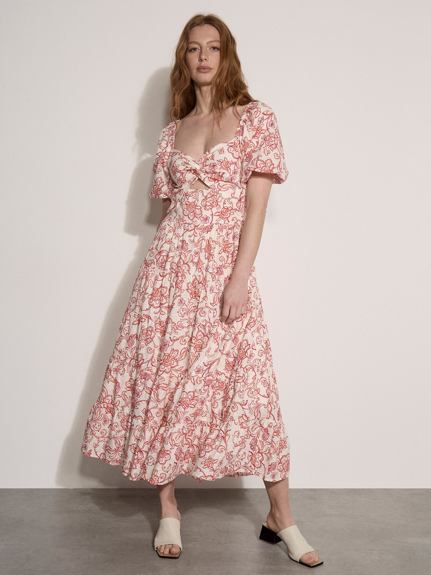 Apricot Druckkleid Maxikleid aus Baumwolle mit Broderie-Blumenprint