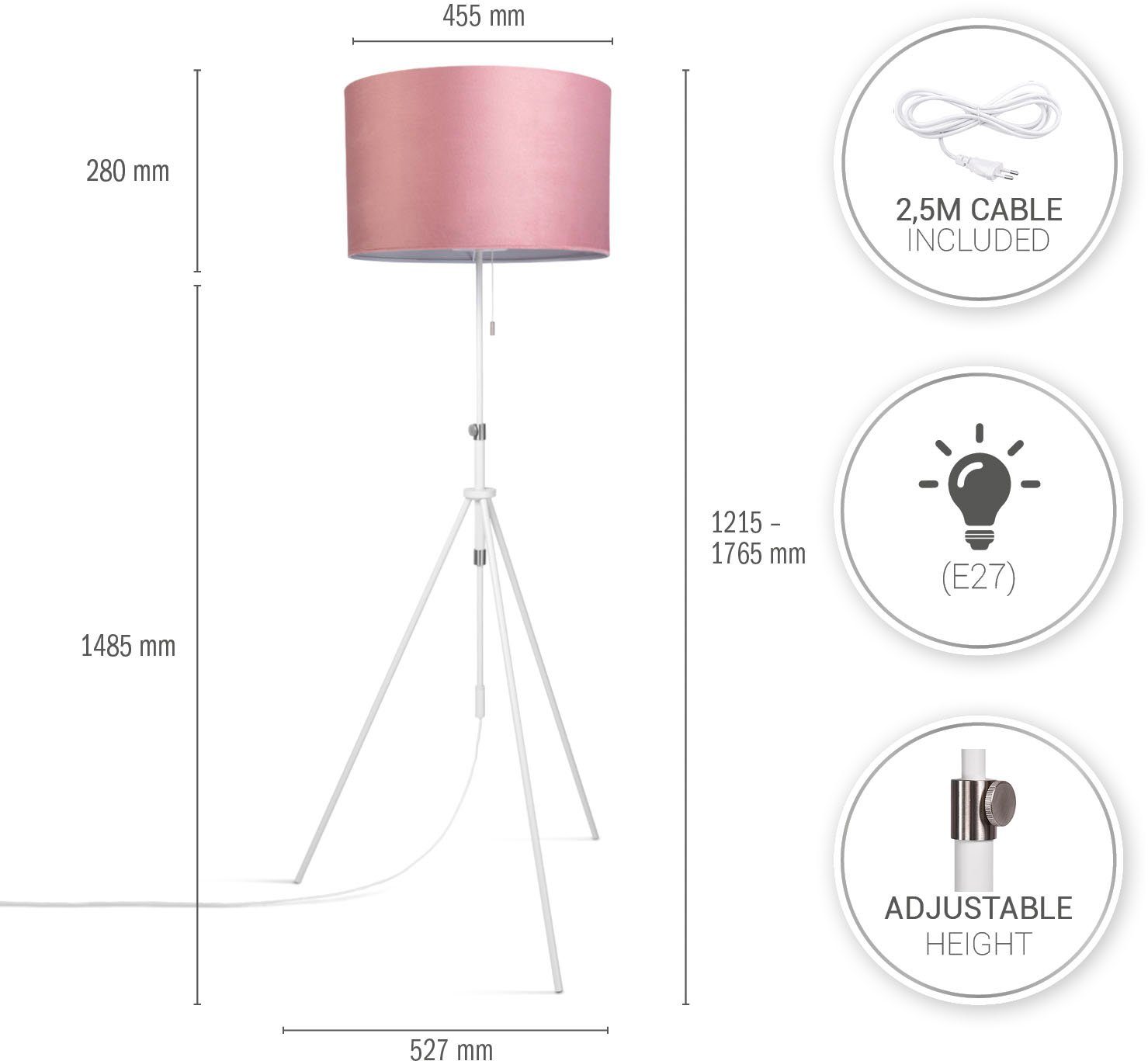 Leuchtmittel, Stehlampe Höhenverstellbar Paco Velour 121,5 ohne bis Naomi Home Zugschalter Wohnzimmer Color, 176,5 cm uni