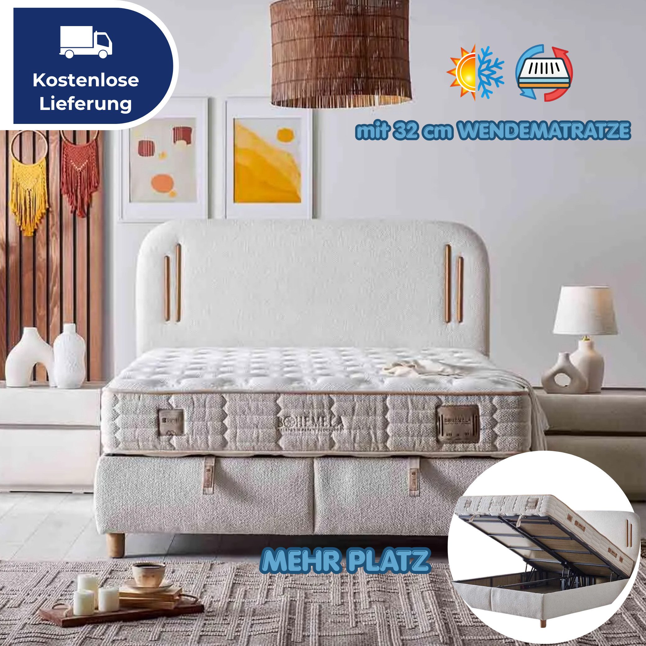 Bambi Boxspringbett mit Matratze Doppelbett Stauraumbett Wendematratze Beige Bett (Boxspringbett 180 x 200, Boxbett Set), Polsterbett Kontinentalbett, dekorativem Kopfteil