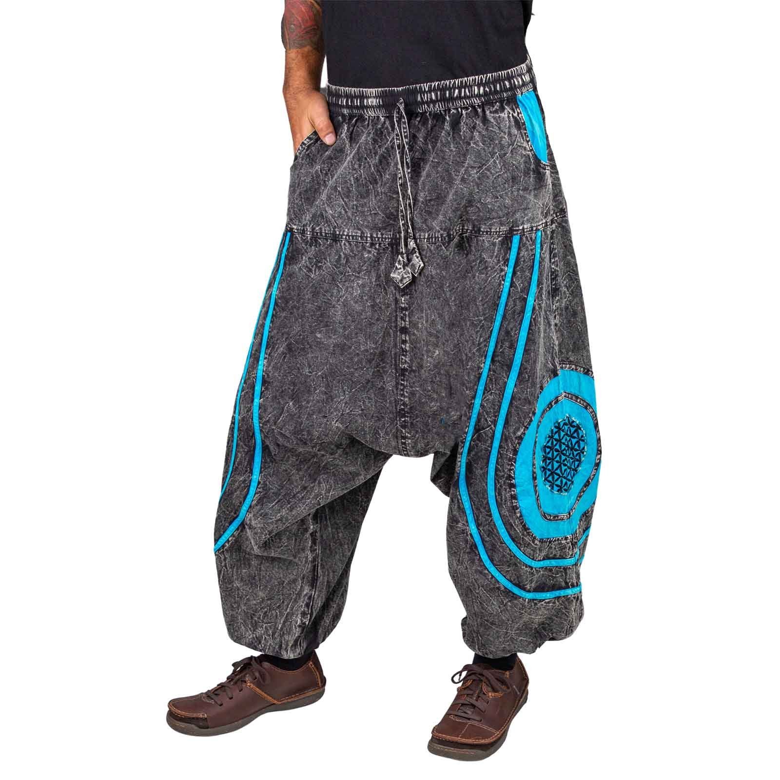 UND Baggy MAGIE Haremshose KUNST des Baumwolle Hippie Lebens Pants Blume Schwarz Stonewashed / Blau Haremshose