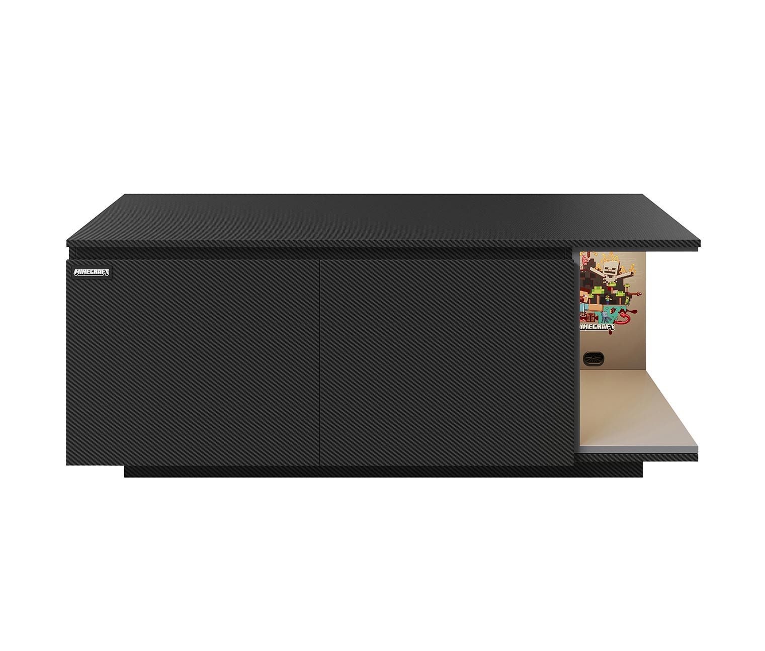 Minecraft Lowboard für TV oder Fernseher - mit indirekter Beleuchtung, schwarzes Sideboard aus Holzin Carbon Optik - 2 Türen & 1 offenes Fach