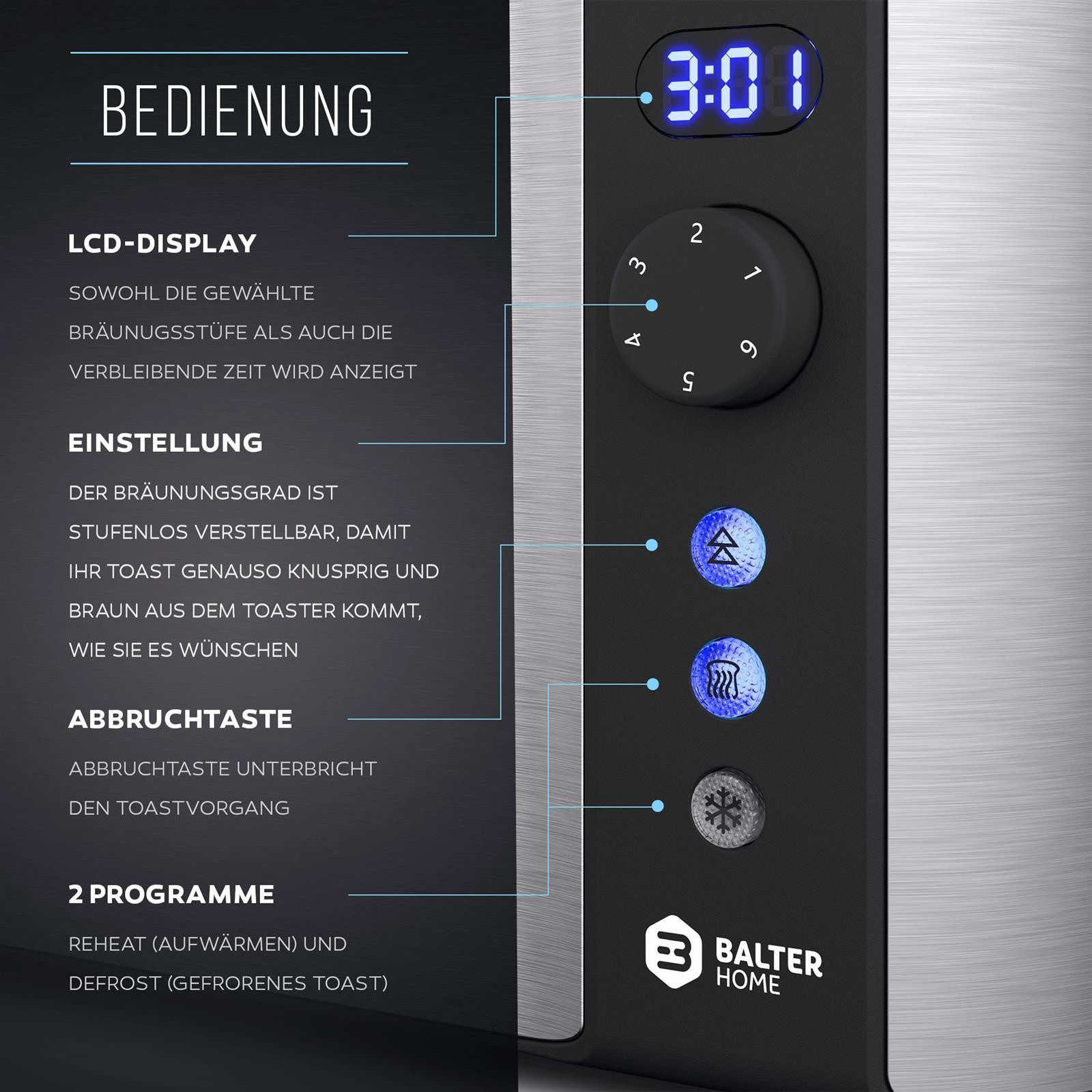 Balter Toaster TS-04-LCD Edehlstahl Silber, Langschlitz, für 4 Scheiben, 1500 W, LCD Restzeitanzeige, Auftaufunktion