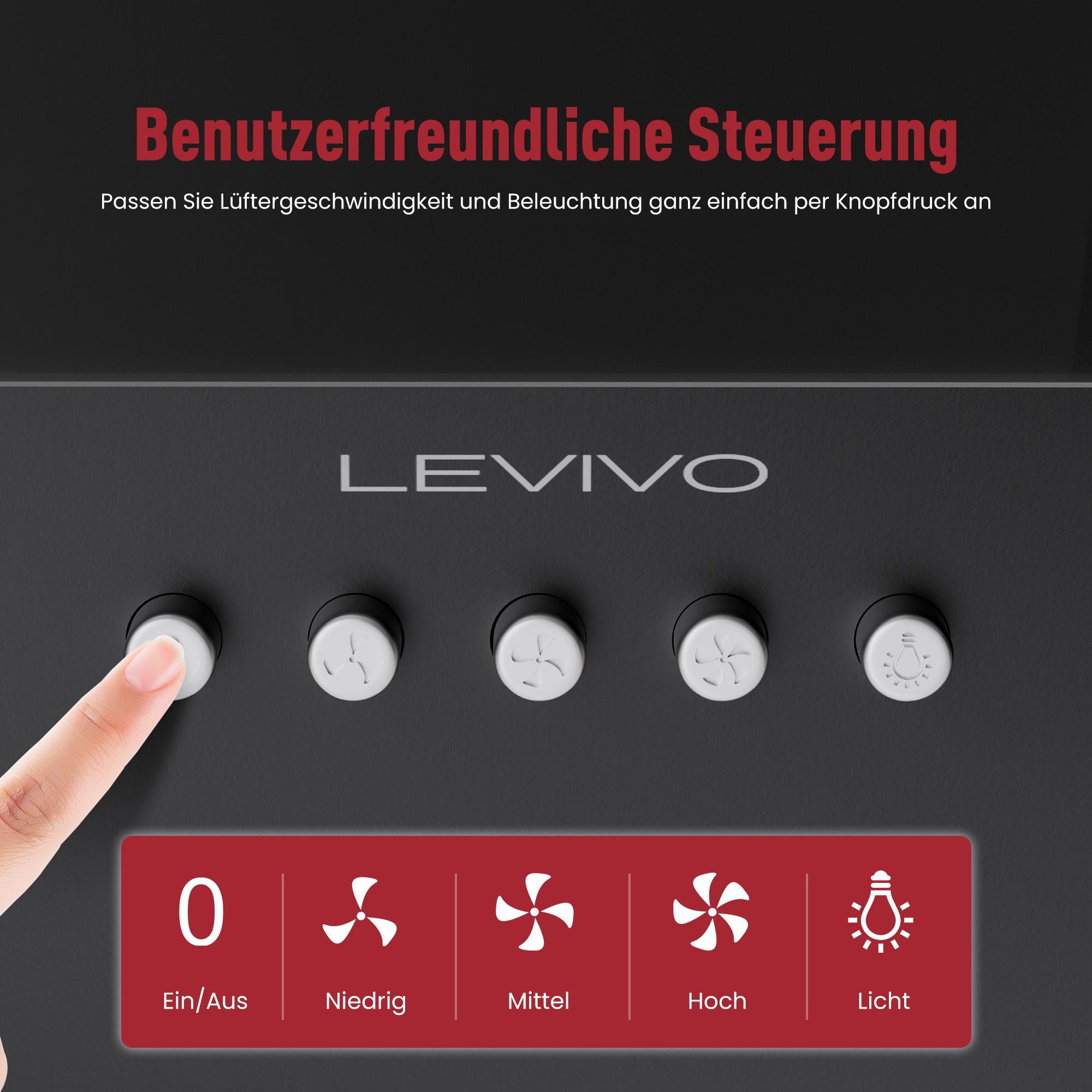Levivo Kopffreihaube A+++ Dunstabzugshaube 60cm Umluft & Abluft mit 400 m³/h Luftleistung A+++ Dunstabzugshaube 60cm Umluft & Abluft mit 400 m³/h Luftleistung, Aktivkohlefiltern, Fettfiltern, LED-Beleuchtung