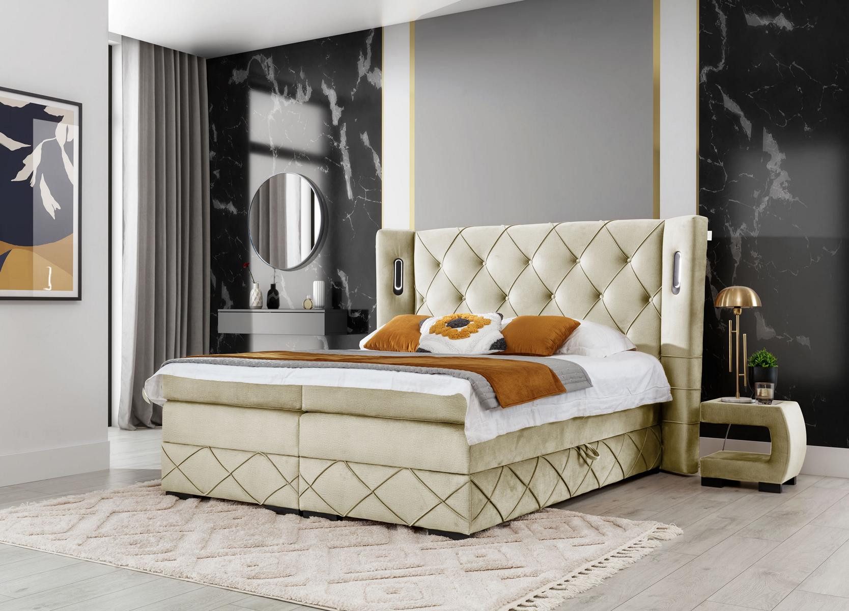 JVmoebel Polsterbett Chesterfield Bett in Beige mit stilvollen Nachttischen (3-tlg., Bett / 2x Nachttische), Made in Europa