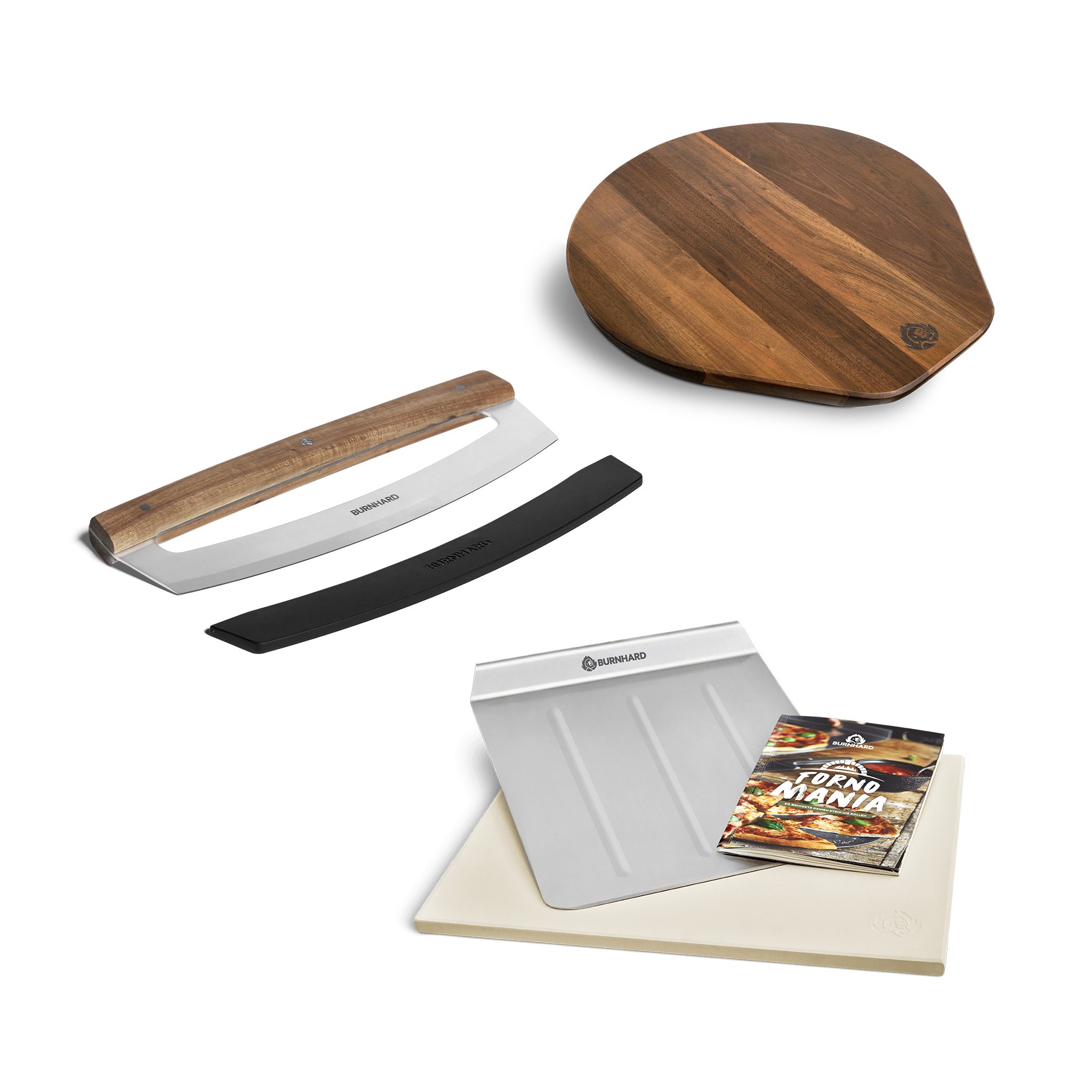 BURNHARD® Pizzastein, (4-St), 38 x 30 x 1.5 cm inkl. Pizzaschieber, Pizzabrett & Wiegemesser