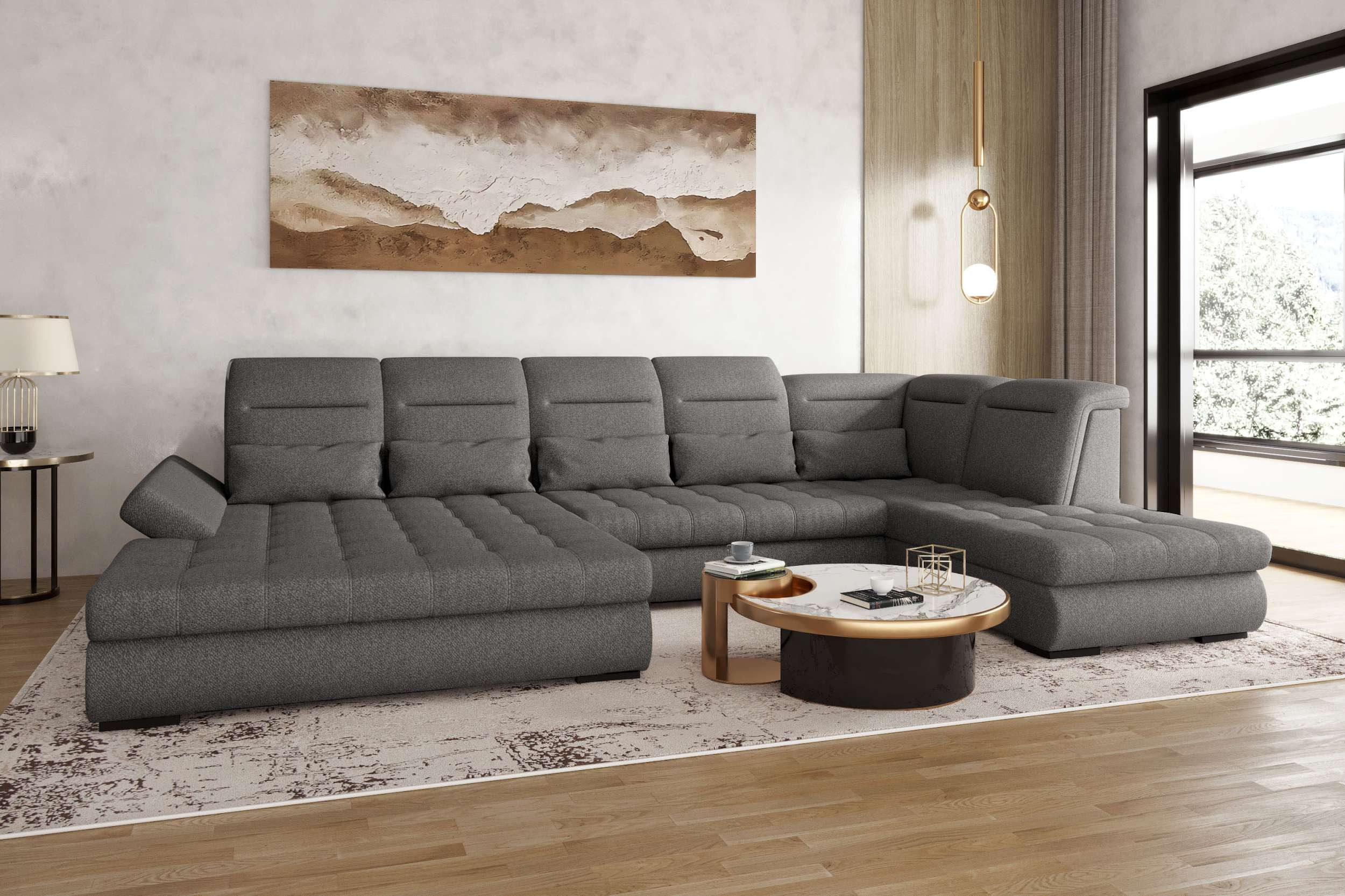 99rooms Wohnlandschaft Toscana, Sofa, U-Form, Bettfunktion, Rundumbezug aus gepolstertem Velours VOGUE