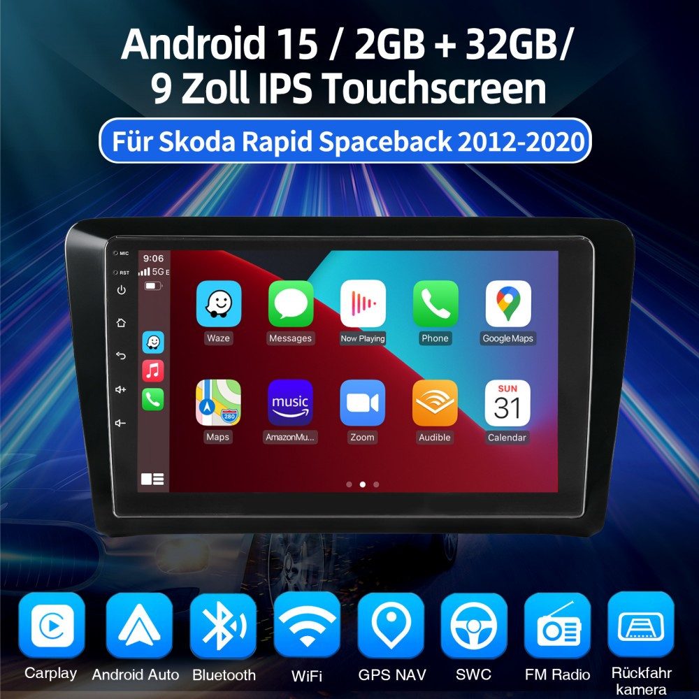 ESSGOO Für Skoda Rapid Spaceback Android 15 Carplay GPS Navi WIFI Autoradio (RDS, Digitalradio (DAB), FM, AM, Carplay Android Auto SWC WIFI BT)