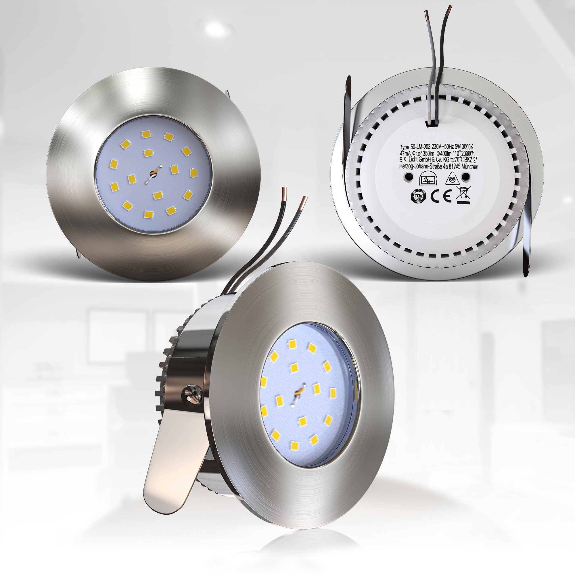B.K.Licht LED Einbauleuchte 3er Set Bad Einbaustrahler, IP44 geschützt, LED Einbauspots, flach, LED fest integriert, Warmweiß, 3.000K, 400Lm, 4,8W, Kunststoff, 7,5 x 3 cm, Nickel