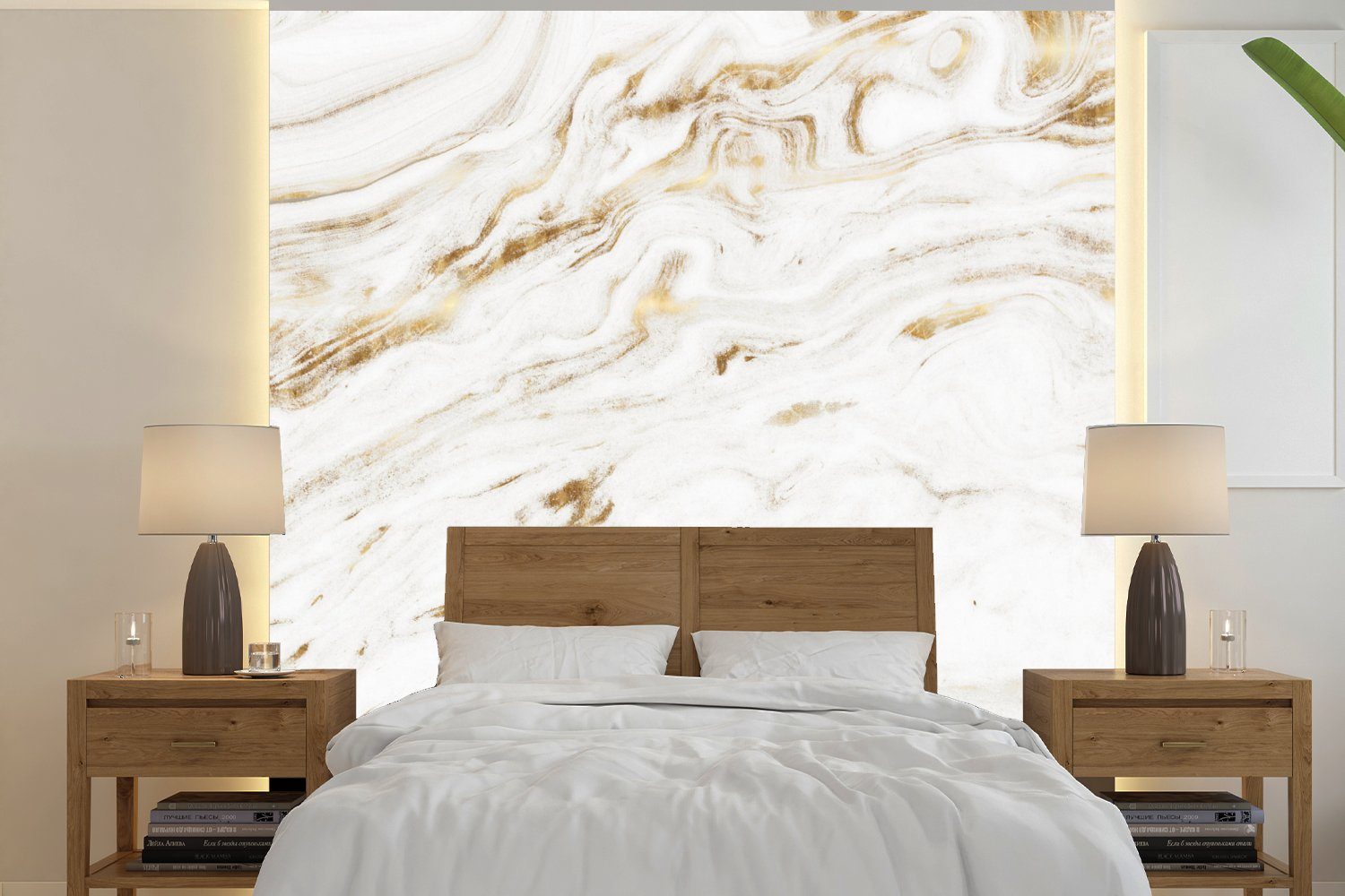 Schlafzimmer Fototapete Wohnzimmer - Marmor Gold Weiß - Trendy, MuchoWow für Fototapete St), Matt, Küche, (4 - Vliestapete bedruckt,
