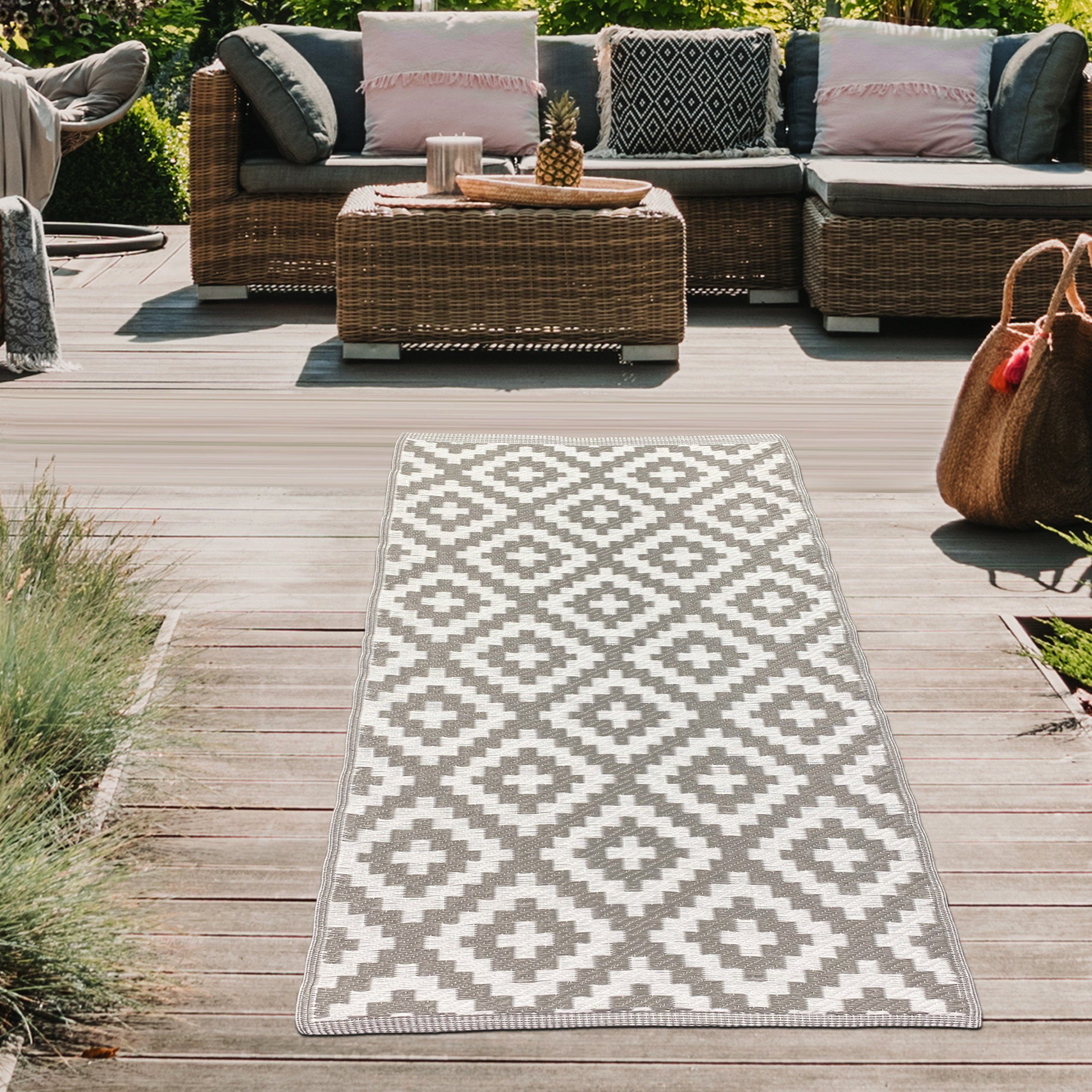 Outdoorteppich Recyclebarer Outdoor-Teppich mit Ethno Design in grau,  Teppich-Traum, rechteckig