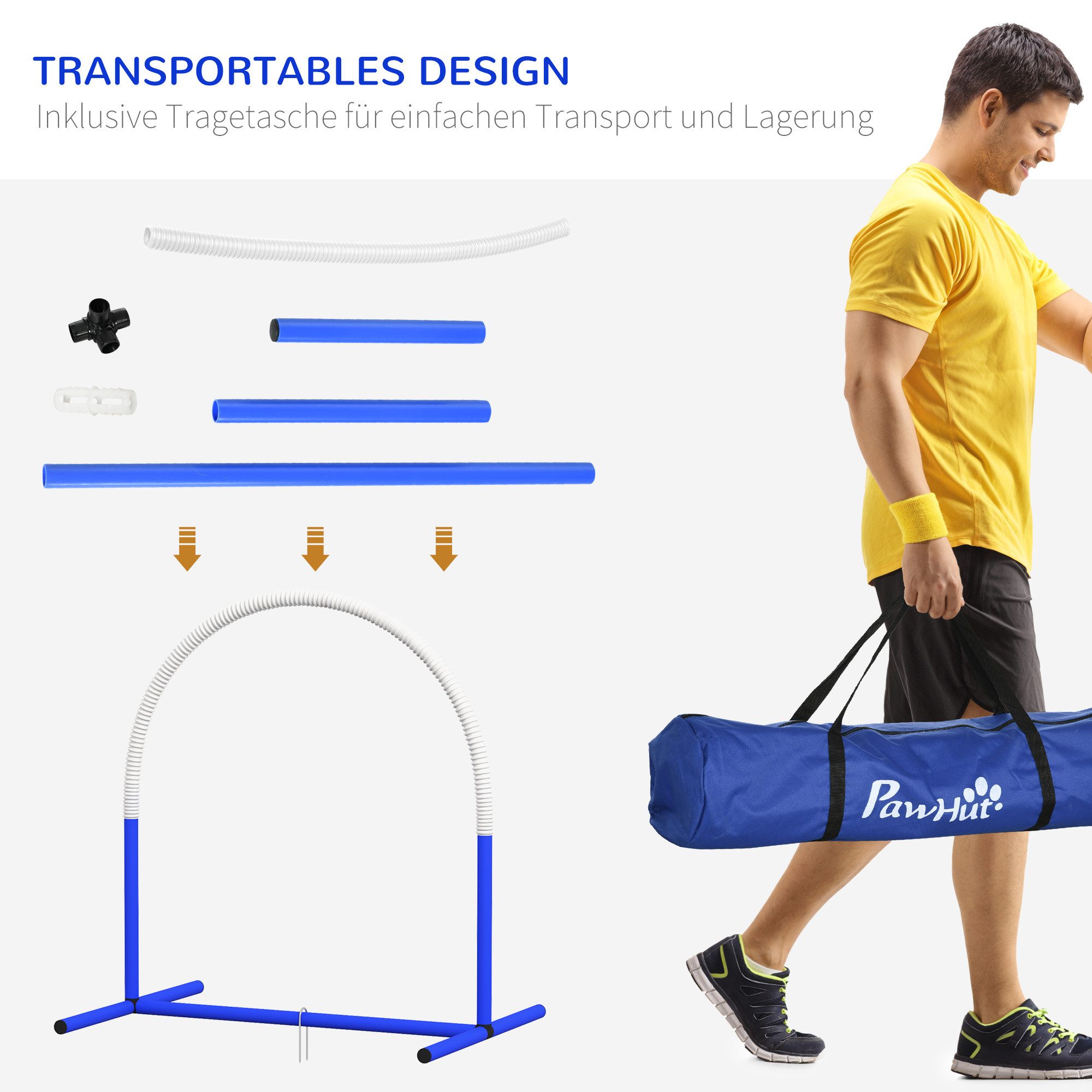 PawHut Agility-Hürde für ältere Hunde, Hundetrainigsset mit Tragetasche, PE, ABS, Hunde-Agility-Trainingsgeräte (4-tlg) Blau+Weiß 88 x 64 x 95 cm