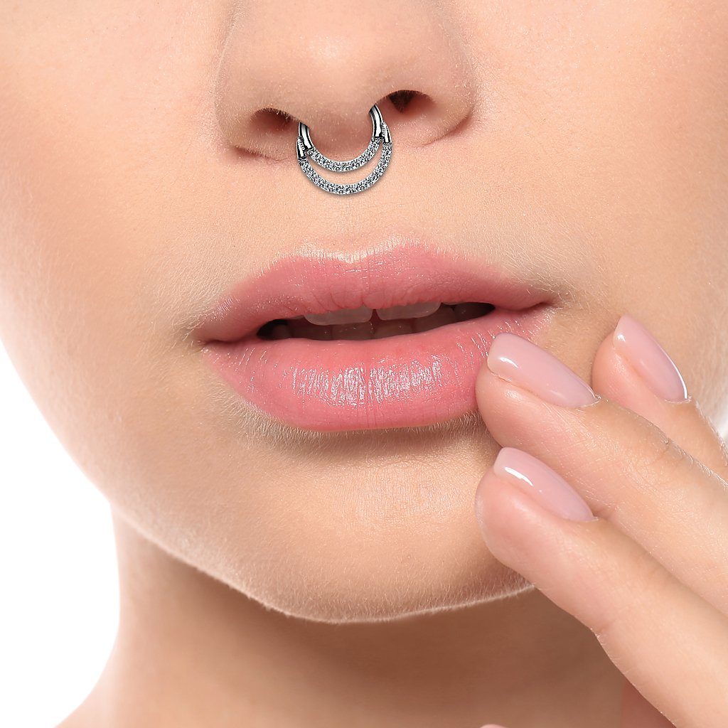 Taffstyle Nasenpiercing Titan Piercing Clicker Segment Ohrpiercing Ring Doppel Kristallreihe (Eleganter Titan Segmentring mit Doppel Kristallreihe für viele Piercings - Geschenkidee)