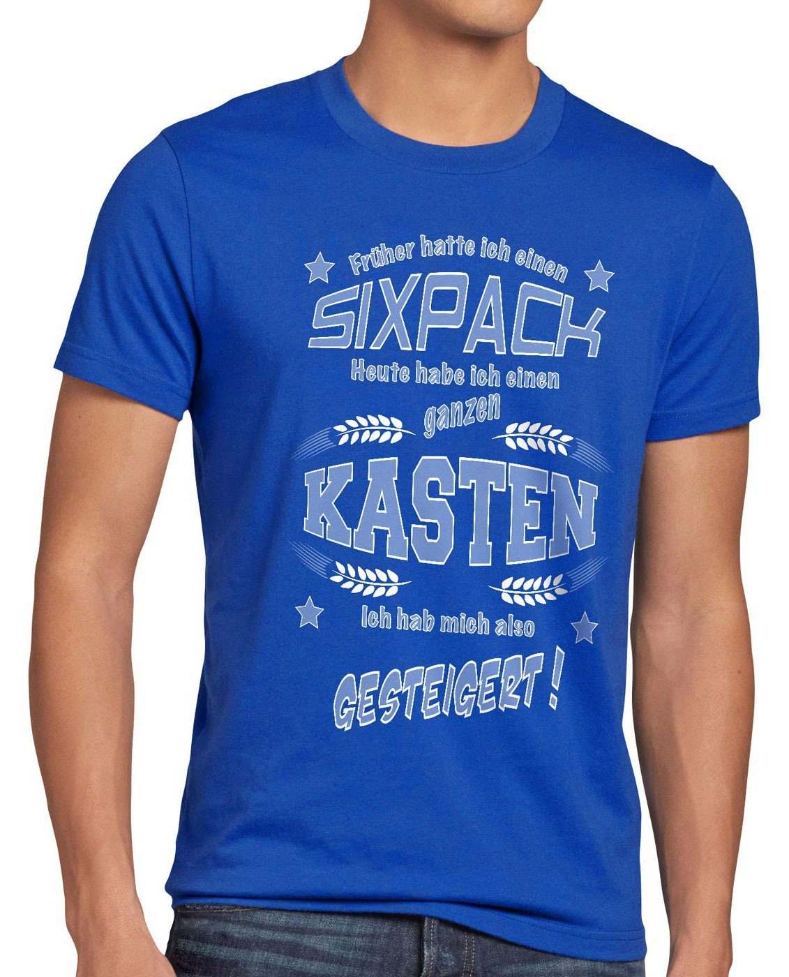 style3 Print-Shirt Herren T-Shirt Früher einen Sixpack heute Kasten Biershirt Fun Funshirt Spruch blau