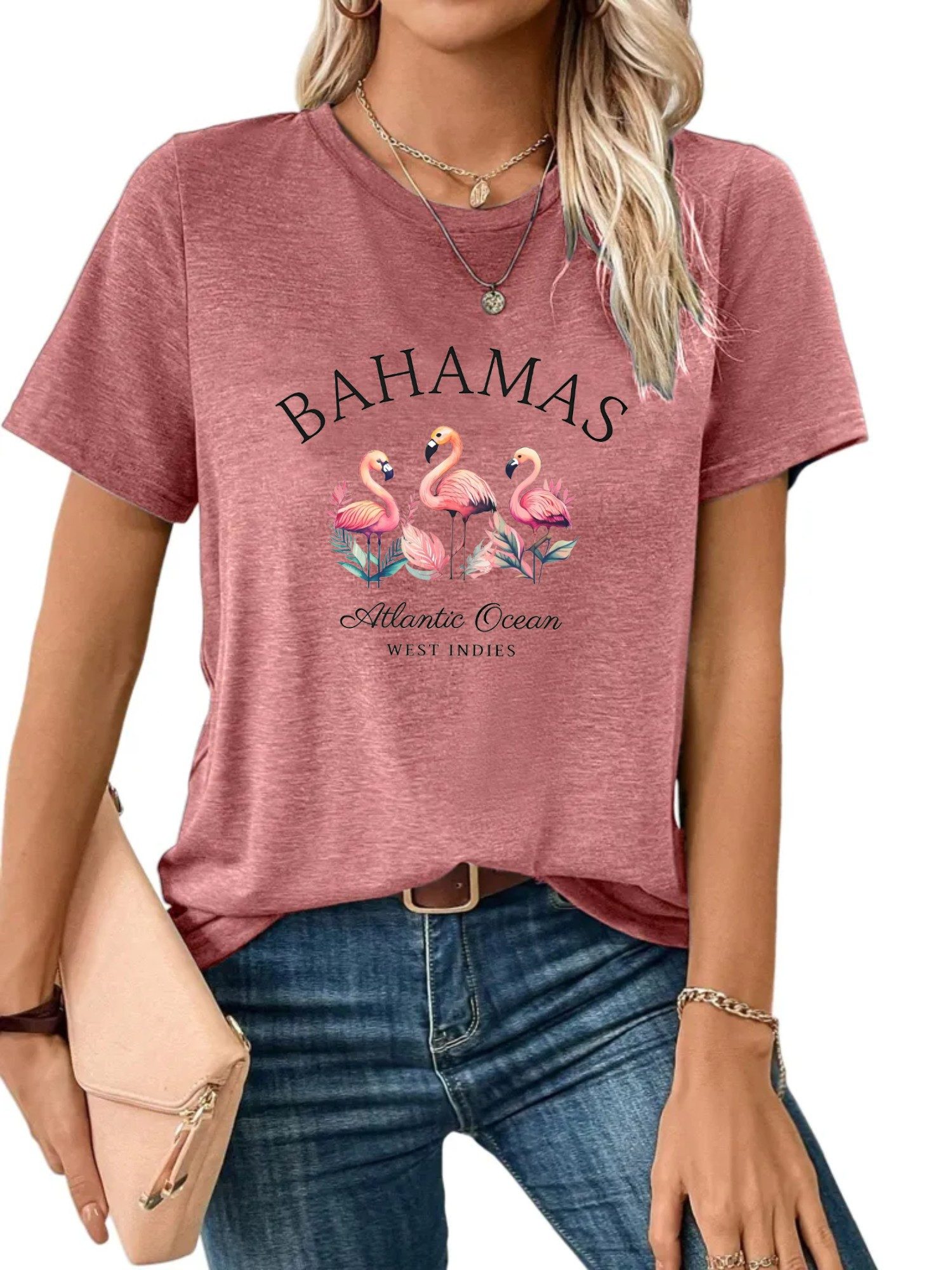 Kurzarmbluse Damen bequemes Sommer Kurzarmbluse Locker Flamingo Print-Shirt